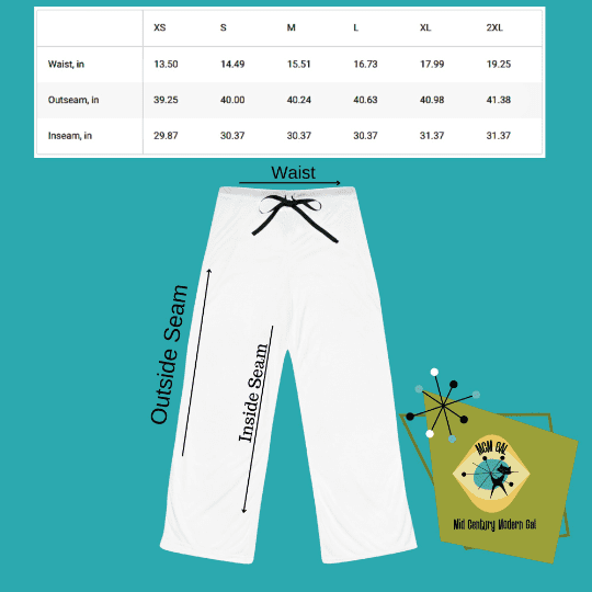 50s Poodle Retro Mid Mod Lounge Pants, Pink, Aqua, White Comfy Women&