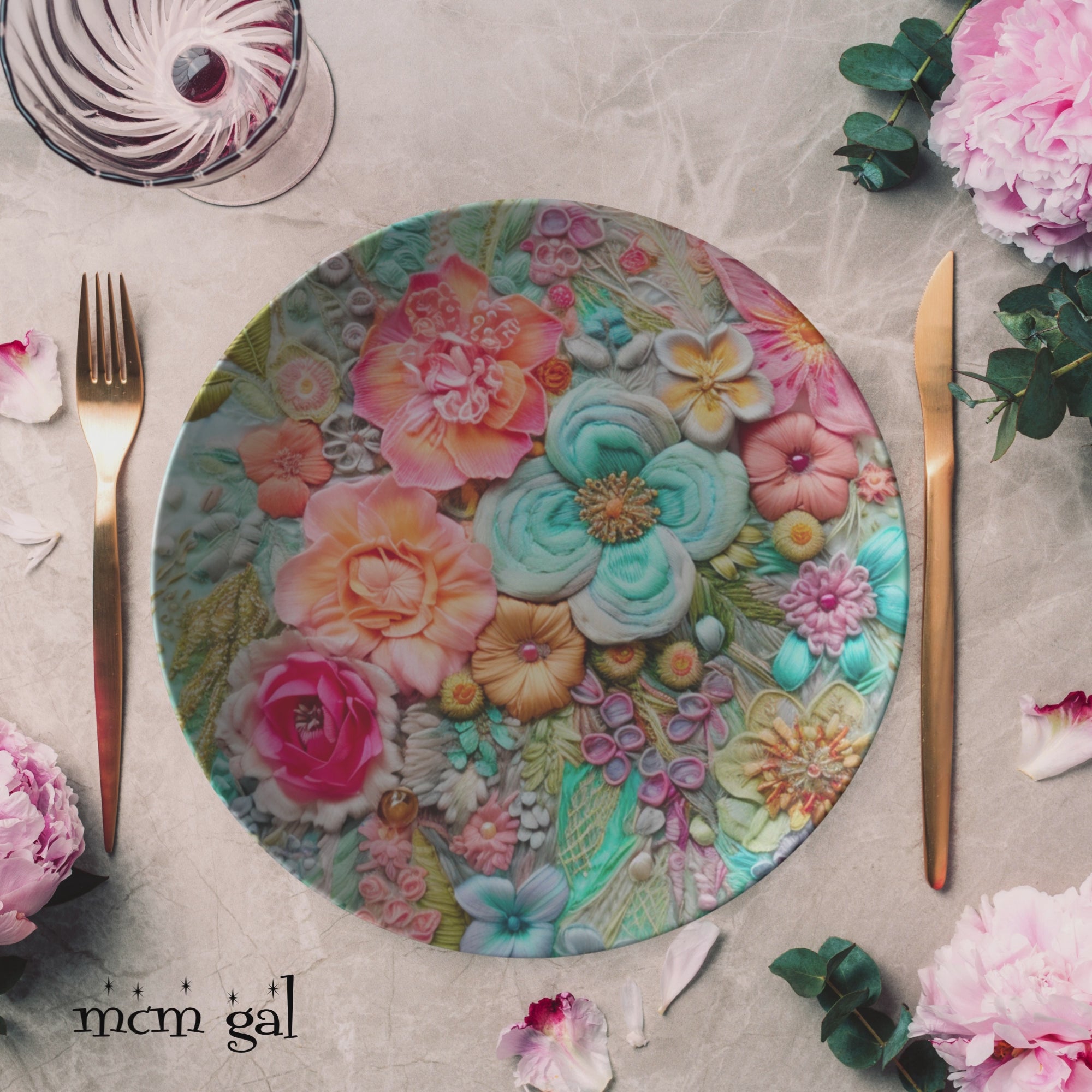 Boho Dinner Plates, Pressed Faux Flowers, Retro Bohemian Hippie Style Dinnerware