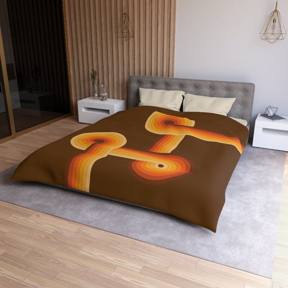 Groovy 70's Chocolate Brown, Orange, Retro Microfiber Duvet Cover Home Decor Queen / Cream