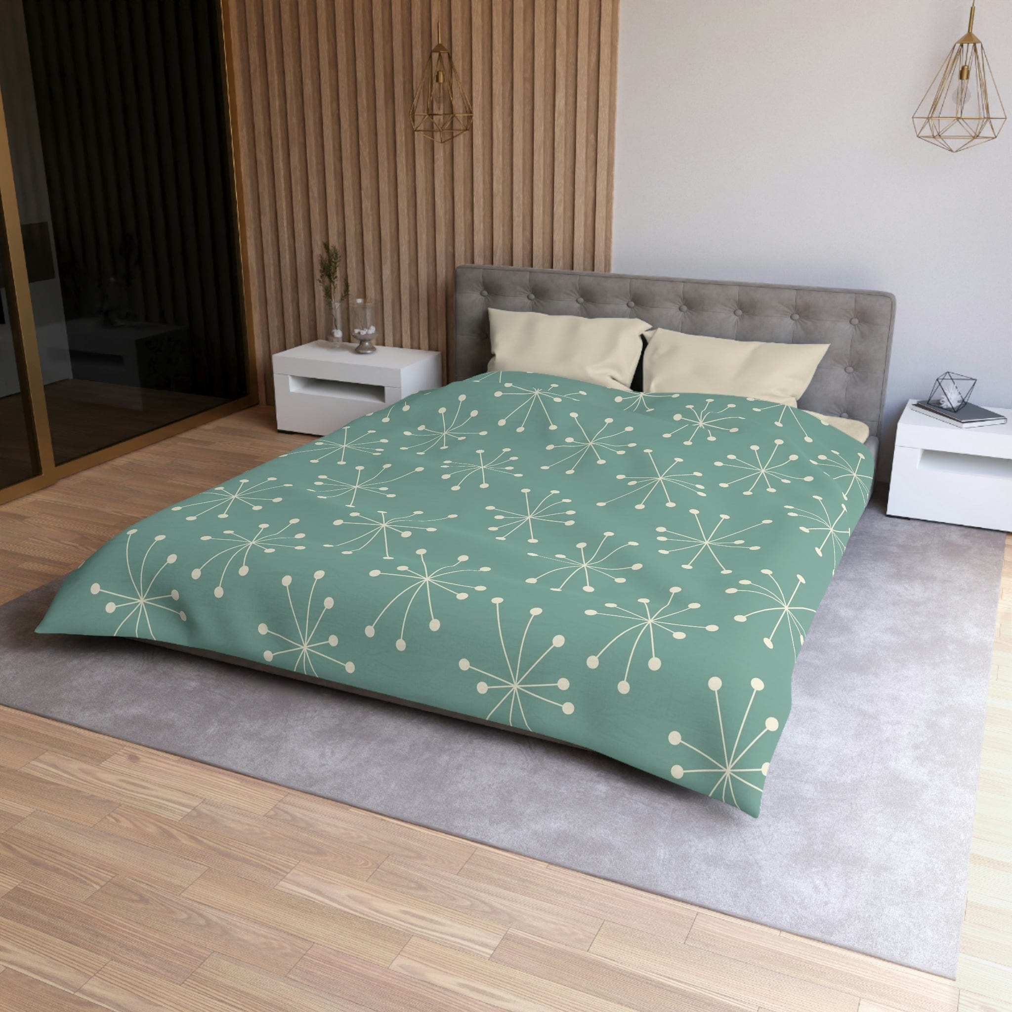 Mid Century Modern, Atomic Starburst, Cream Stars, Aqua Blue Green Microfiber Duvet Cover Home Decor Queen / Cream