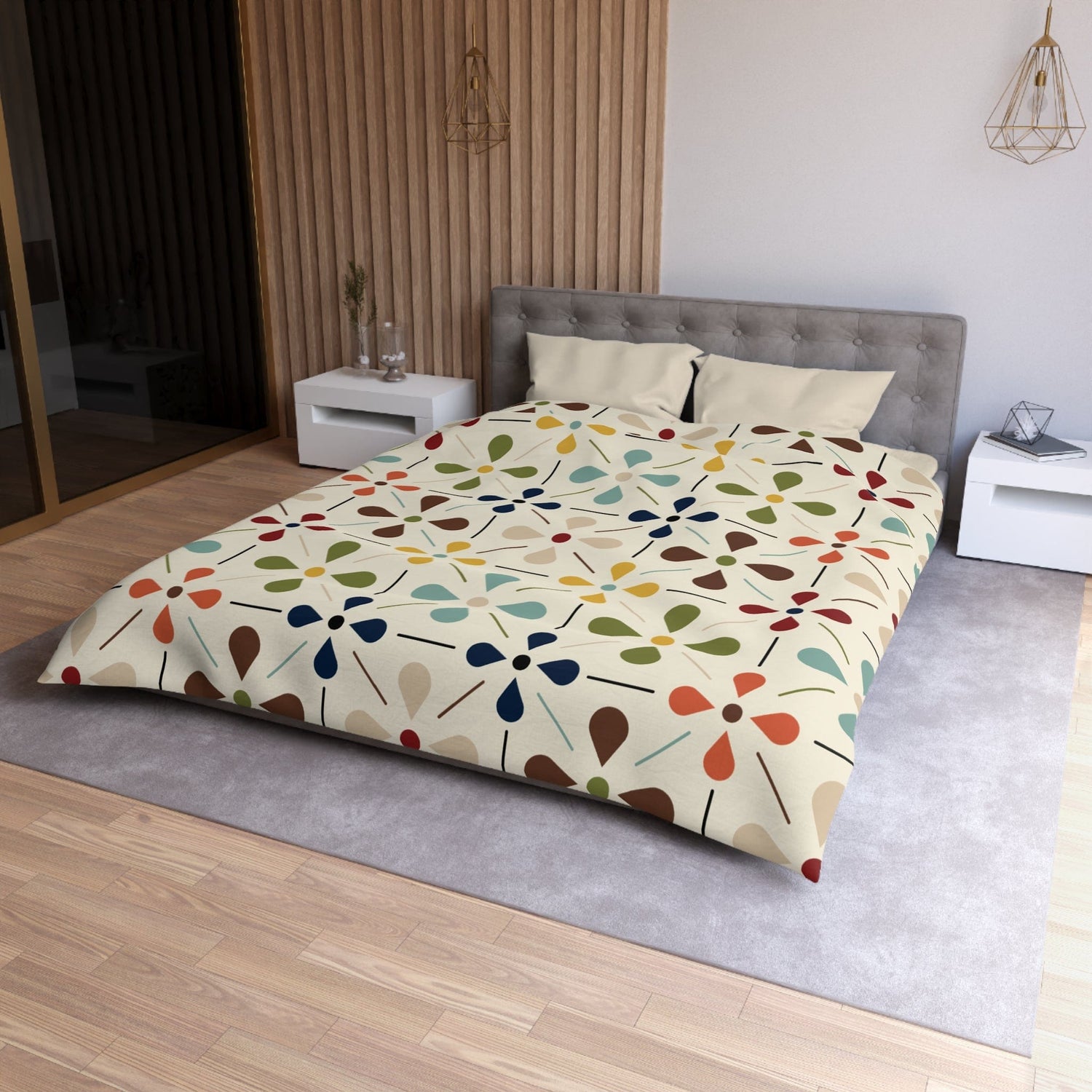 Mid Century Modern, Scandinavian Flower, Modern Danish, Beige, Yellow, Green, Orange, Brown, Aqua, MCM Living room, Bedroom Duvet Cover Home Decor Queen / Cream