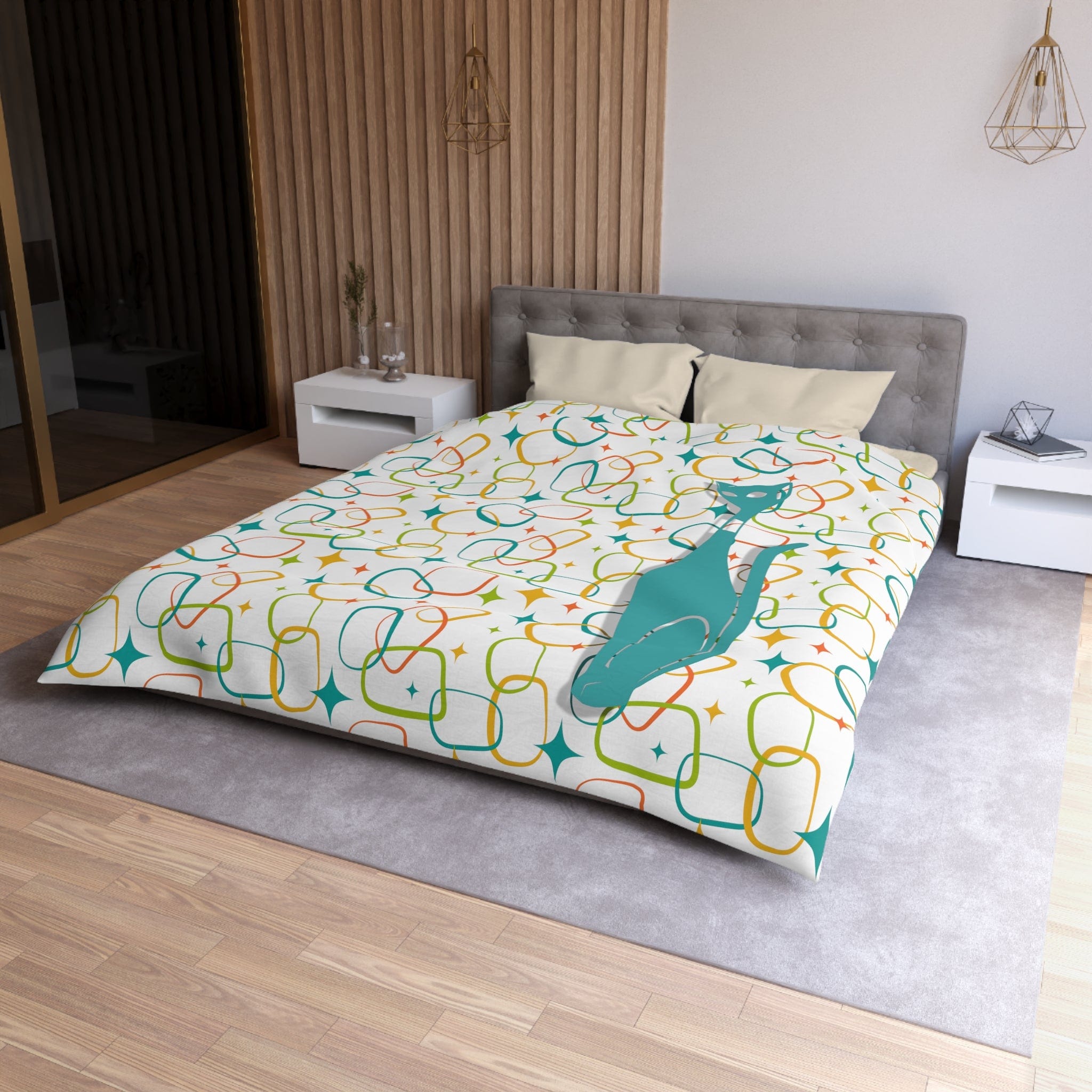 Mid Century Modern, Simple Modernist Atomic Cat, Geometric Retro MCM Microfiber Duvet Cover Home Decor Queen / Cream