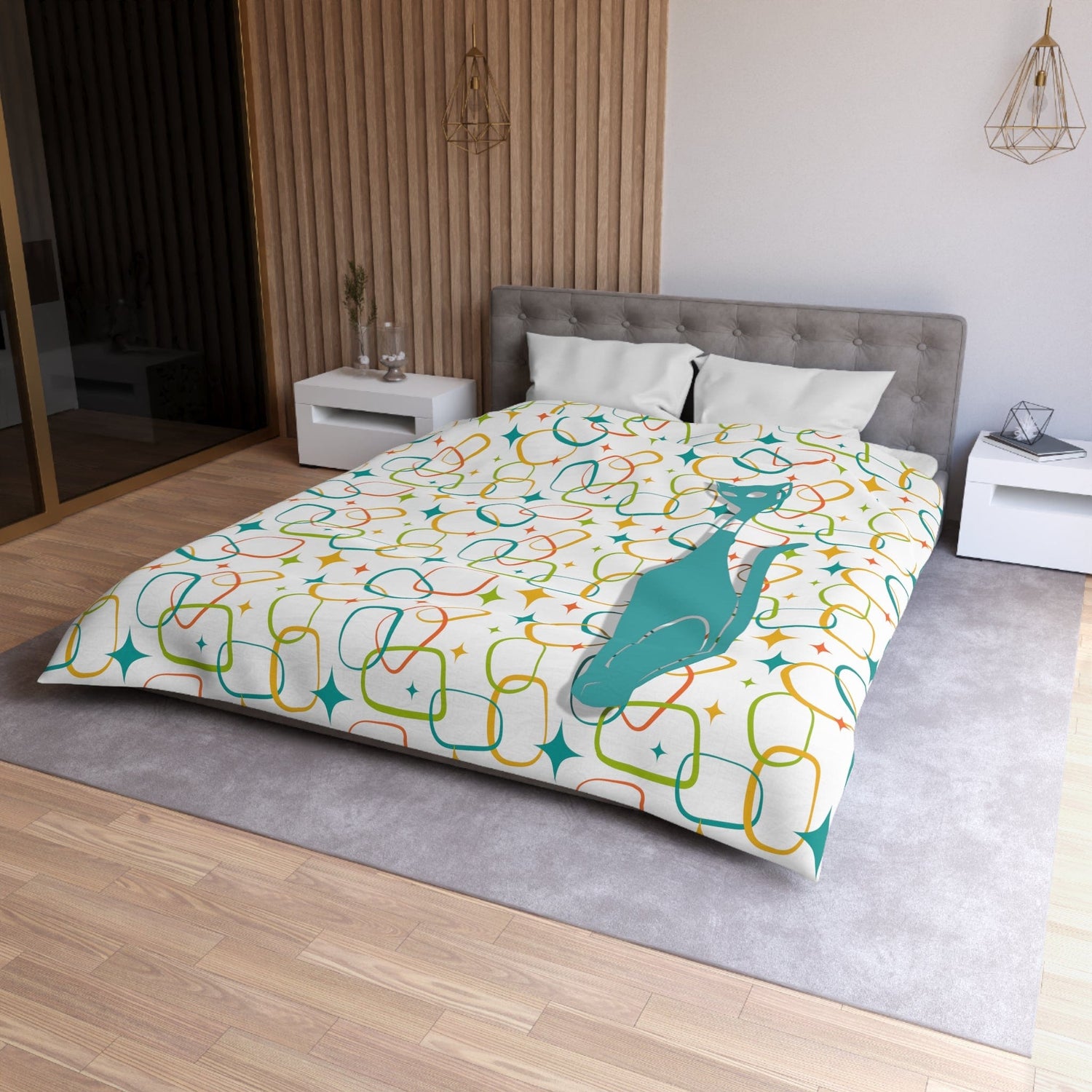 Mid Century Modern, Simple Modernist Atomic Cat, Geometric Retro MCM Microfiber Duvet Cover Home Decor Queen / White