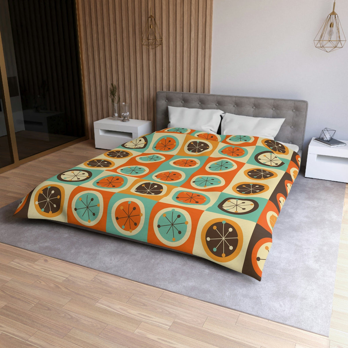 Mid Mod, 1970's Groovy Geometric Bold, Mustard Yellow, Chocolate Brown, Burnt Orange, Mid Century Modern Retro Duvet Cover Home Decor Queen / White