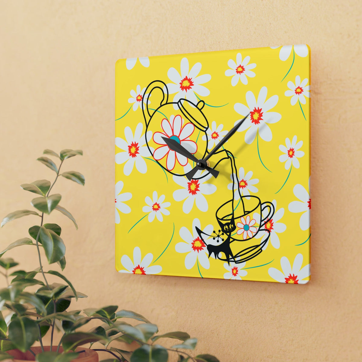 Retro 70's Daisy Kitschy Tea Time Yellow, Aqua, Atomic Mod Cat, Acrylic Wall Clock Home Decor
