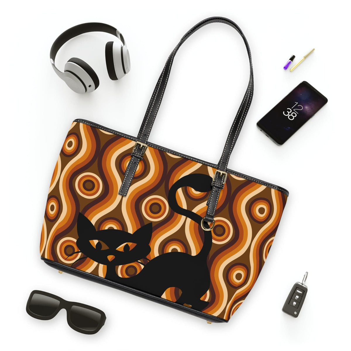 Retro 70's Style Groovy Brown, Kitschy Cat, Women's Fun And Funky Shoulder Bag Bags