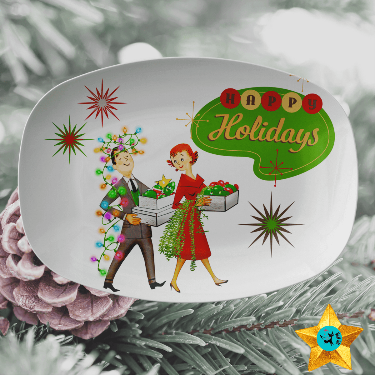 Retro Christmas Platter, 50's Atomic Happy Holidays Kitschy Christmas Party Gift Kitchenware