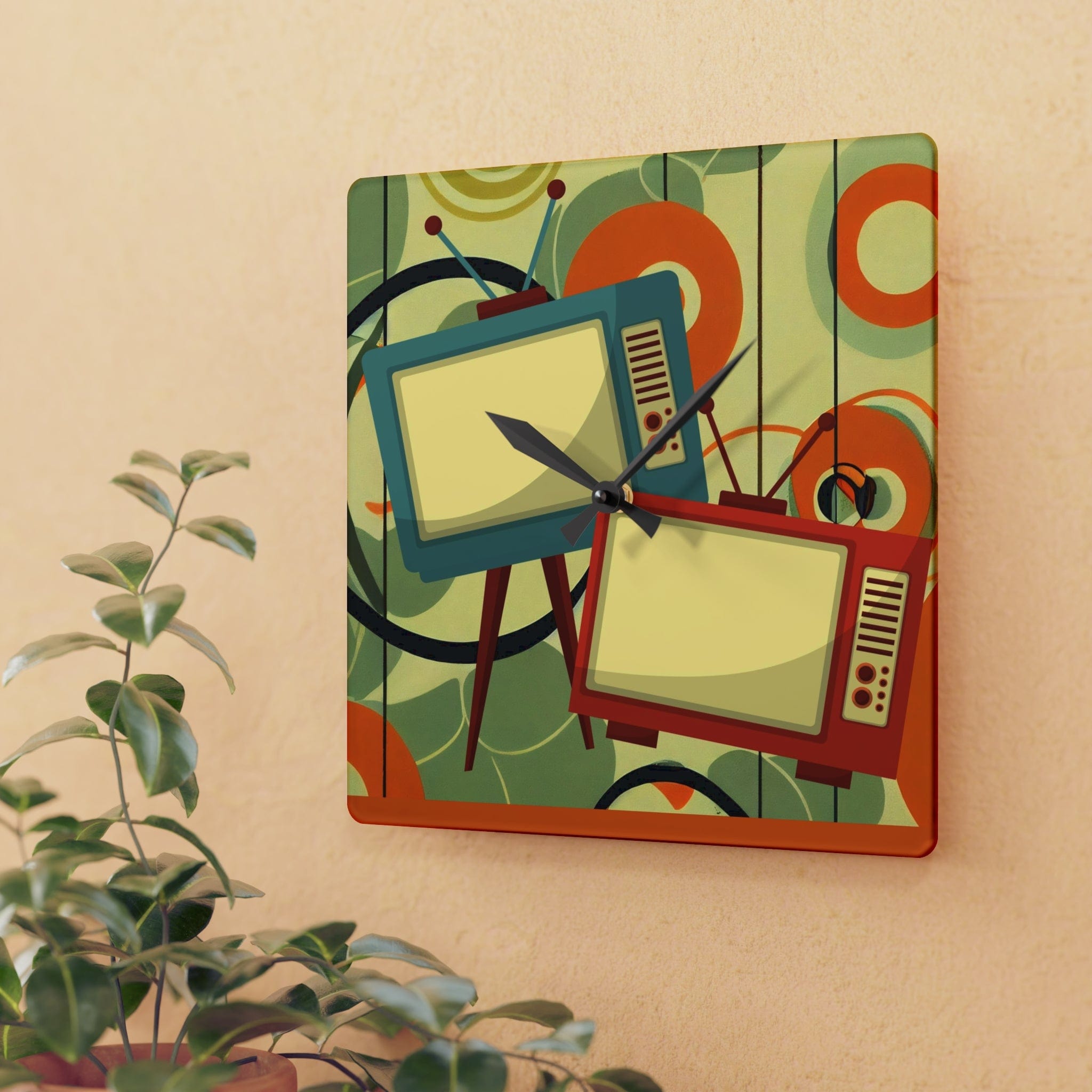 Retro Mid Century Modern Geometric Art, Retro TV, Orange, Green Cool Acrylic Wall Clock Home Decor