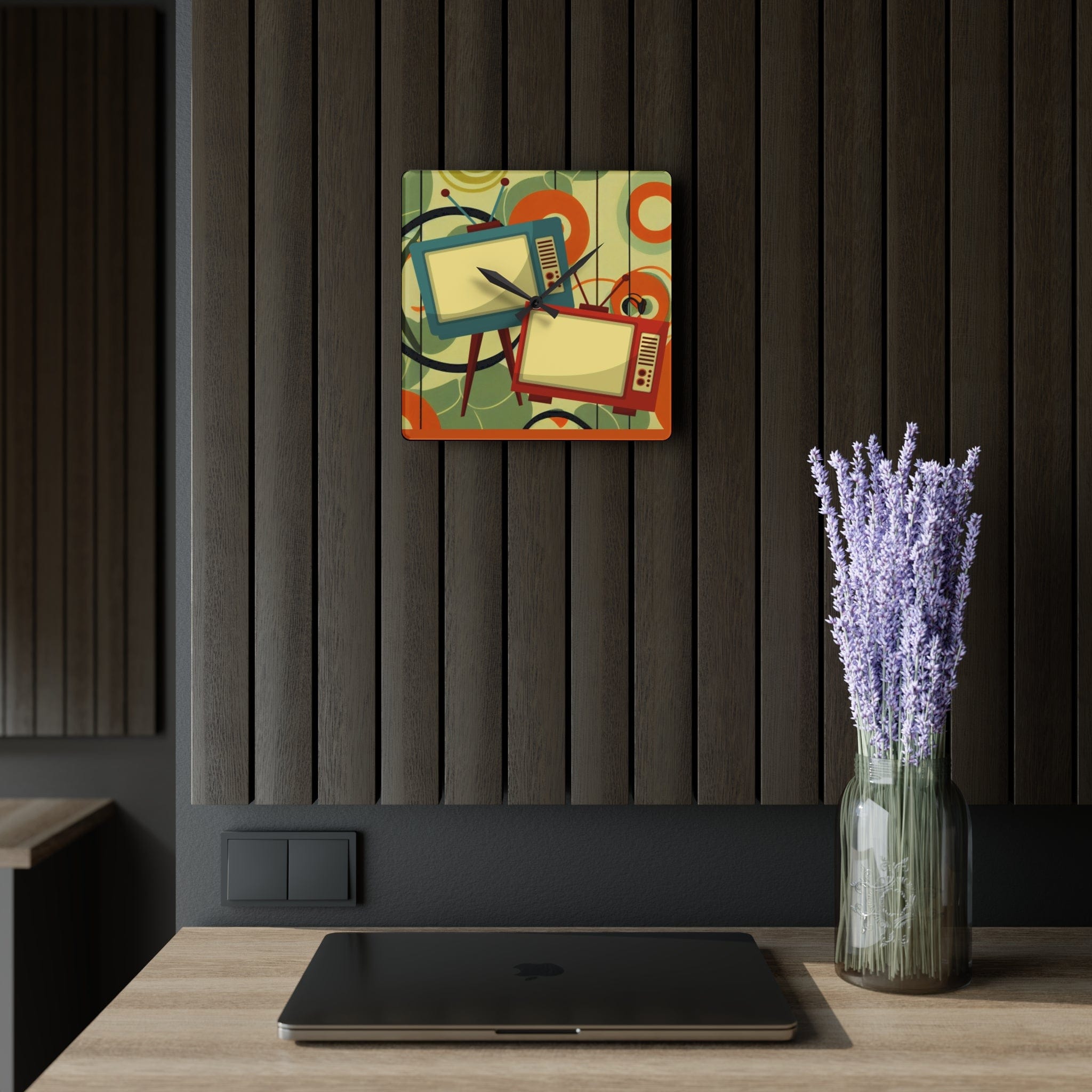 Retro Mid Century Modern Geometric Art, Retro TV, Orange, Green Cool Acrylic Wall Clock Home Decor
