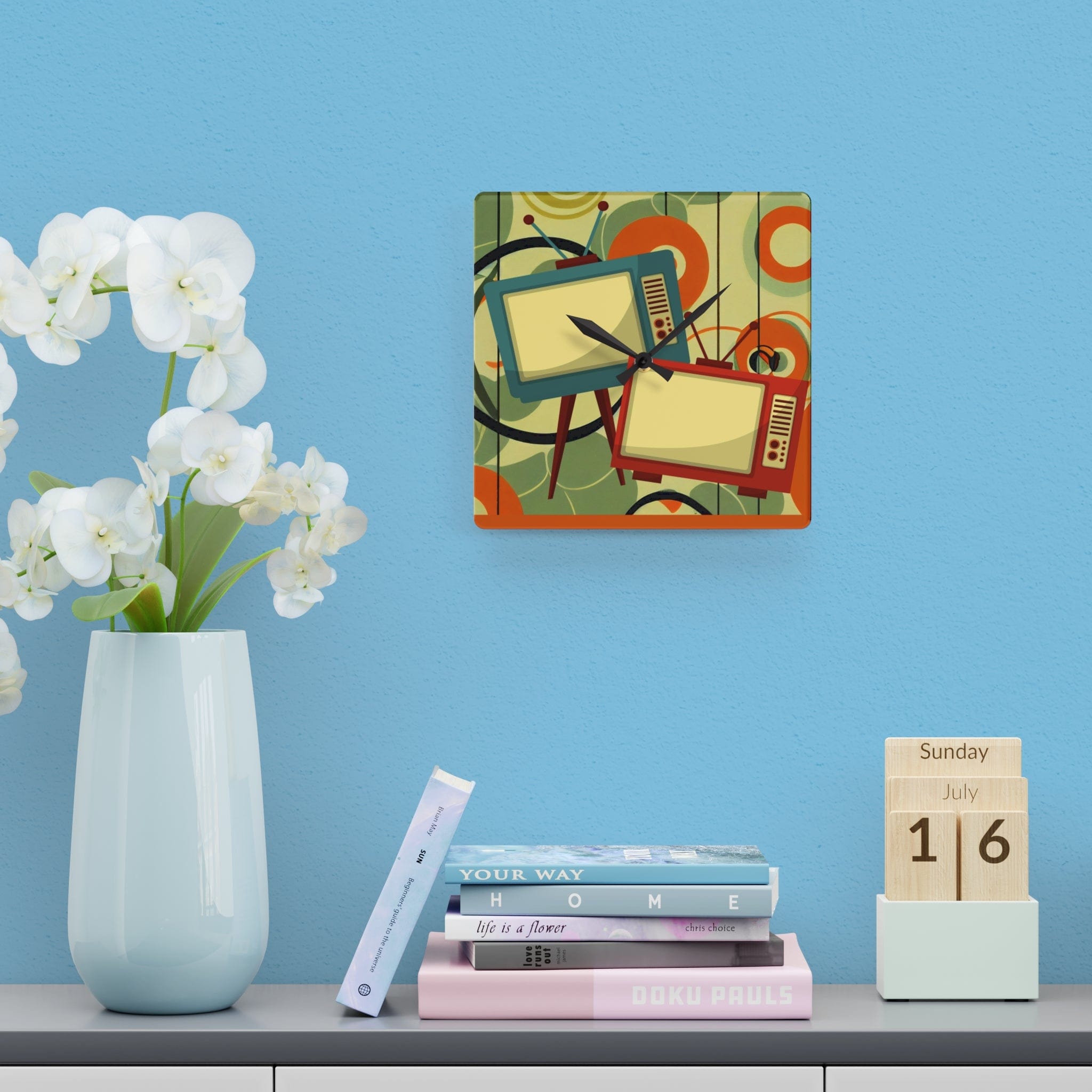 Retro Mid Century Modern Geometric Art, Retro TV, Orange, Green Cool Acrylic Wall Clock Home Decor