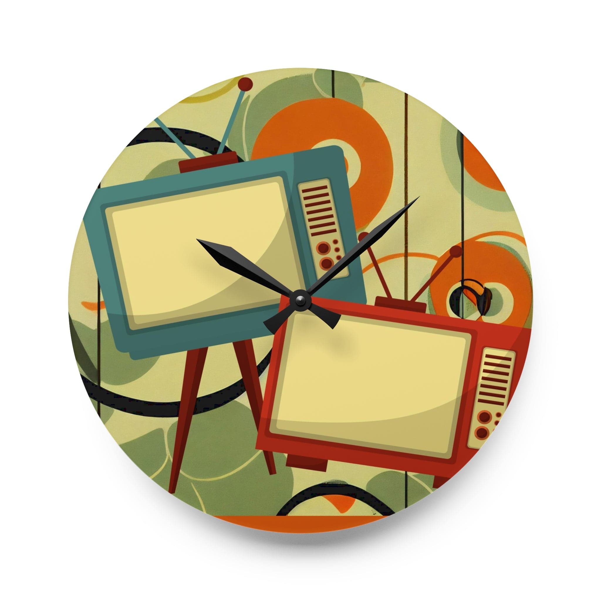 Retro Mid Century Modern Geometric Art, Retro TV, Orange, Green Cool Acrylic Wall Clock Home Decor