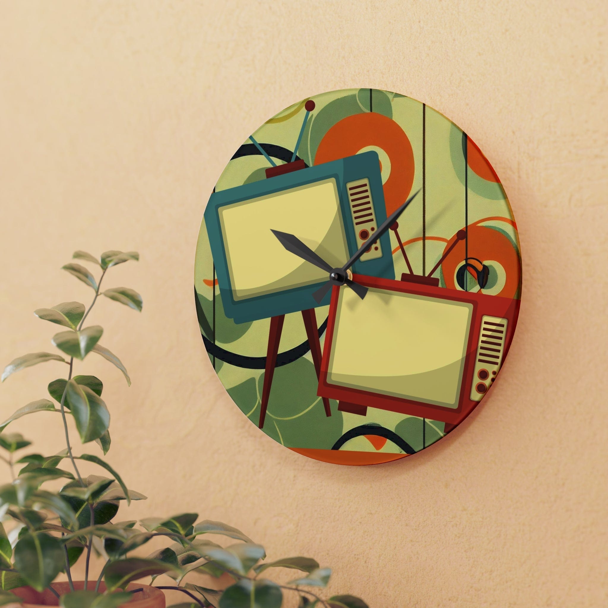 Retro Mid Century Modern Geometric Art, Retro TV, Orange, Green Cool Acrylic Wall Clock Home Decor