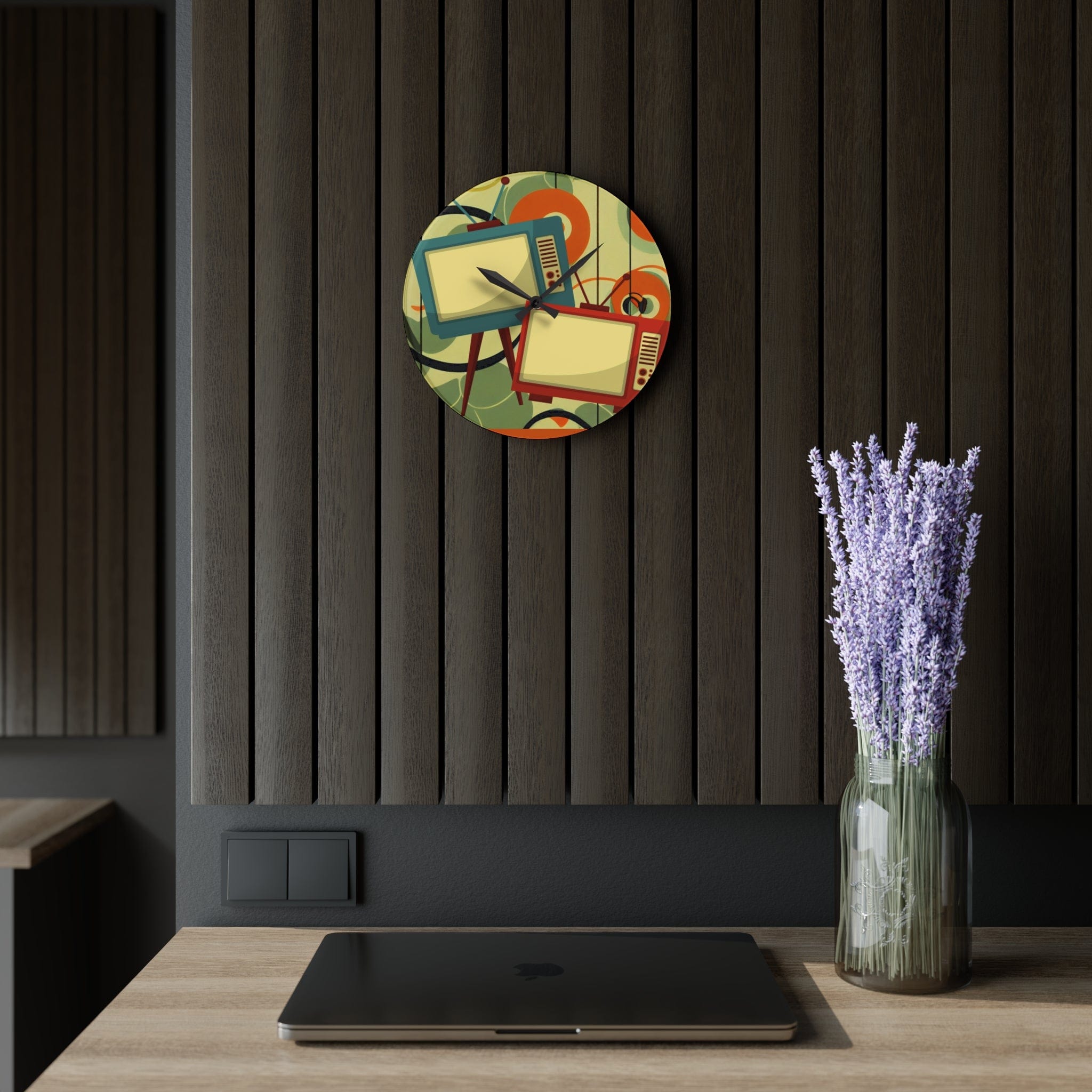 Retro Mid Century Modern Geometric Art, Retro TV, Orange, Green Cool Acrylic Wall Clock Home Decor