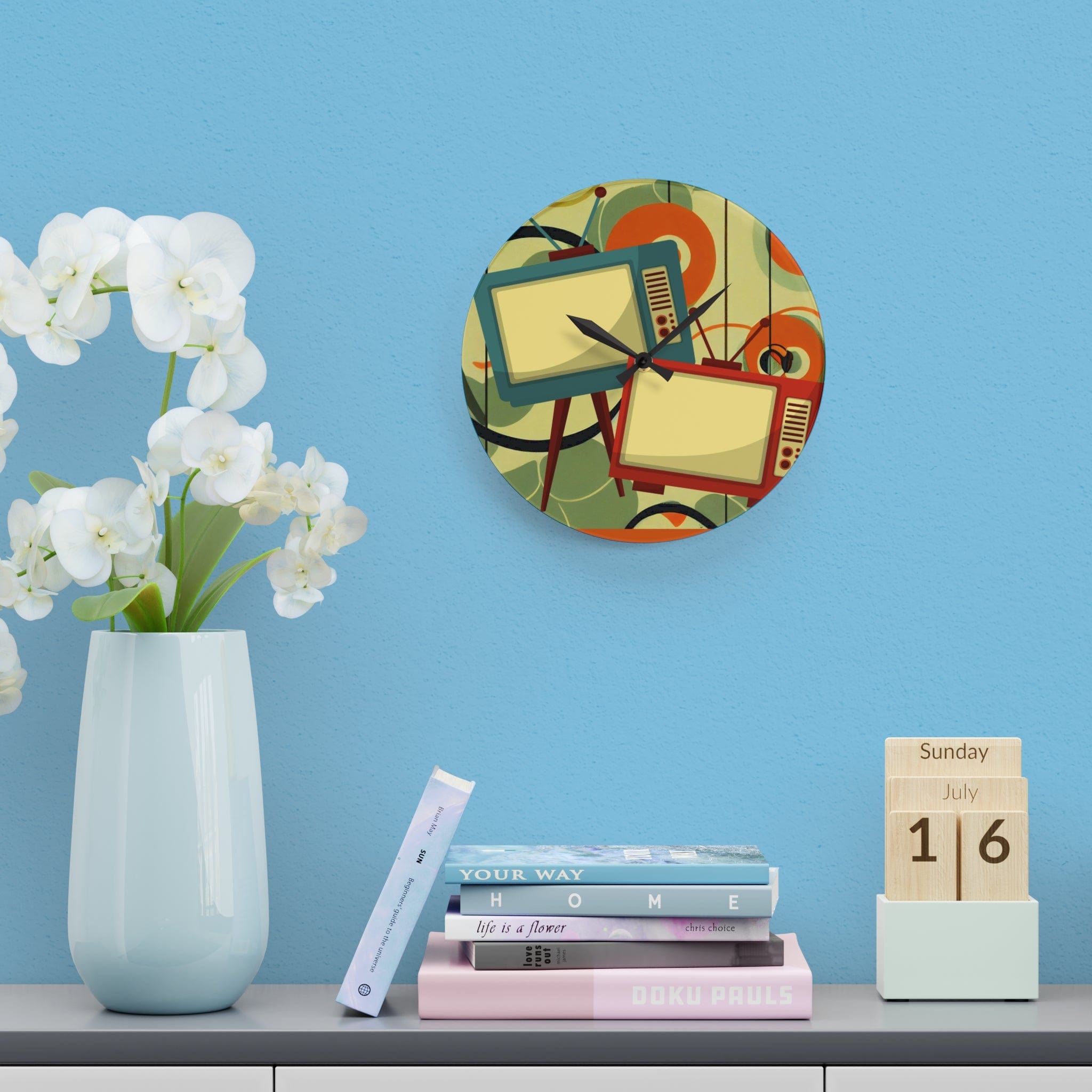 Retro Mid Century Modern Geometric Art, Retro TV, Orange, Green Cool Acrylic Wall Clock Home Decor