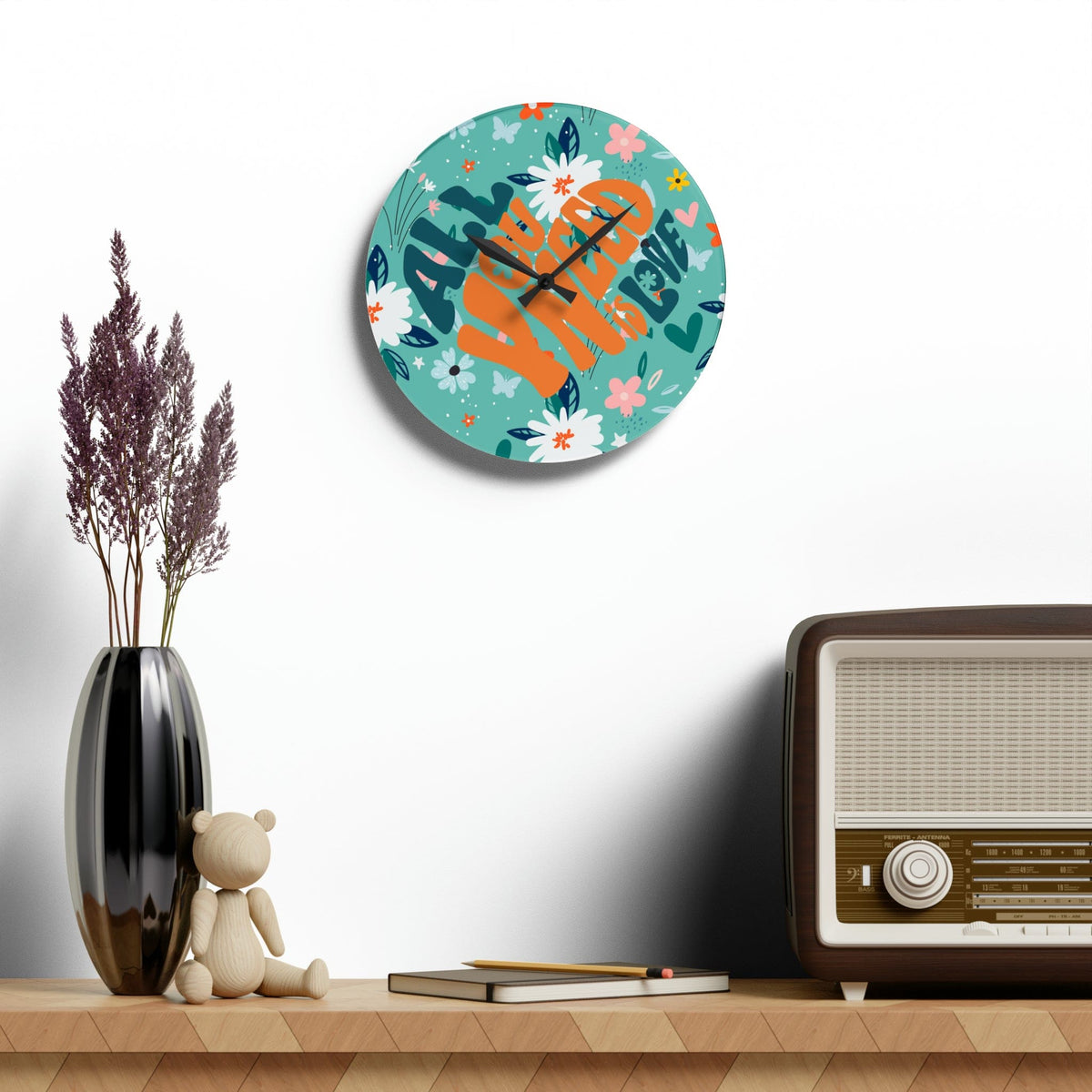 Retro Wild Child Flowers, Mod Daisy, All You Need Is Love, Groovy Acrylic Wall Clock Home Decor