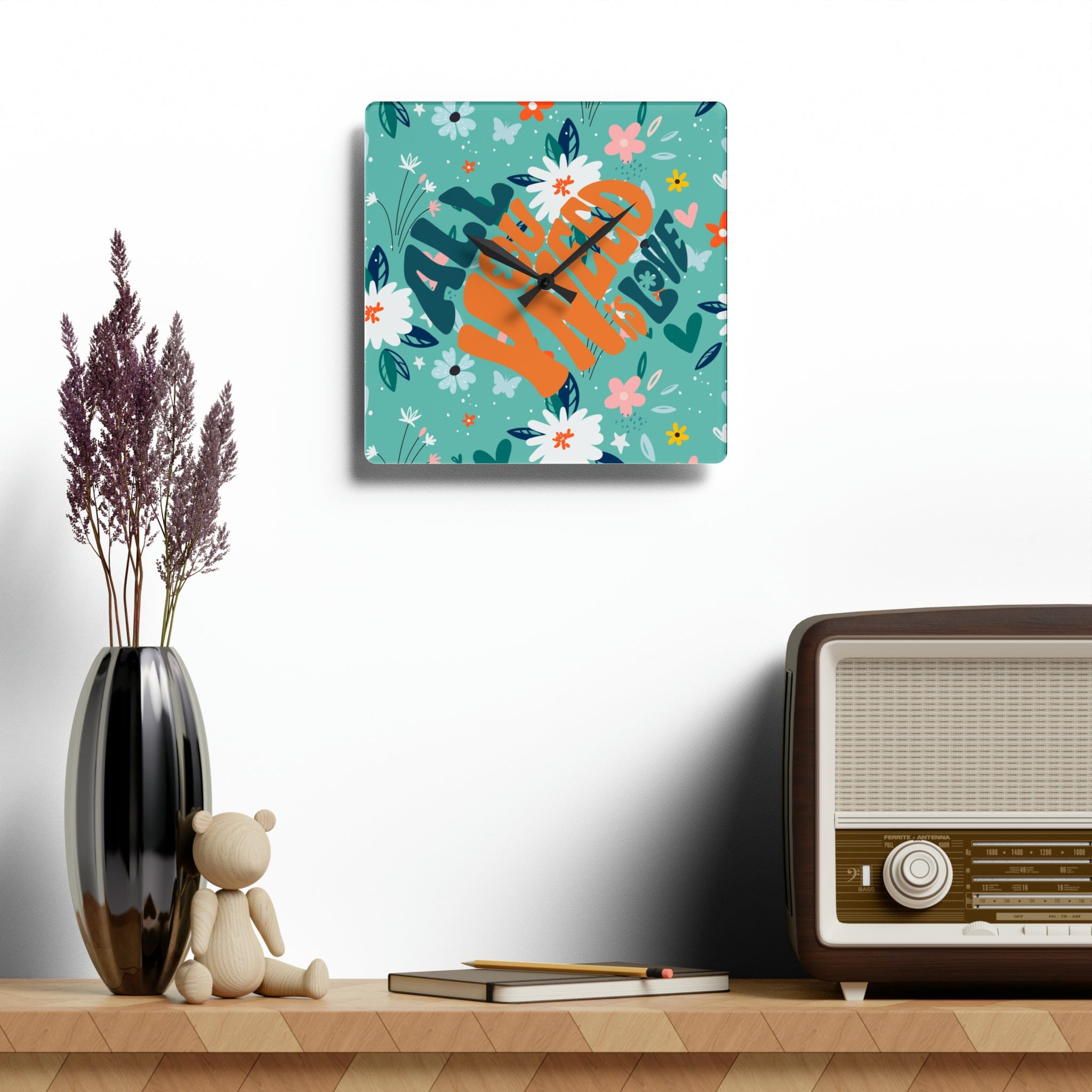 Retro Wild Child Flowers, Mod Daisy, All You Need Is Love, Groovy Acrylic Wall Clock Home Decor