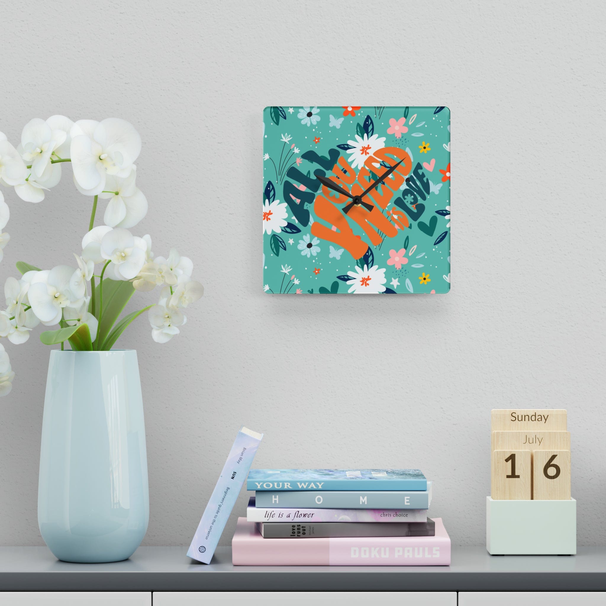 Retro Wild Child Flowers, Mod Daisy, All You Need Is Love, Groovy Acrylic Wall Clock Home Decor