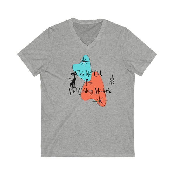 I'm Not Old, I' Mid Century Modern(™) , Atomic Cat, Boomerangs, Mid Mod Funny Milestone Birthday Retro V-Neck Tee For Women