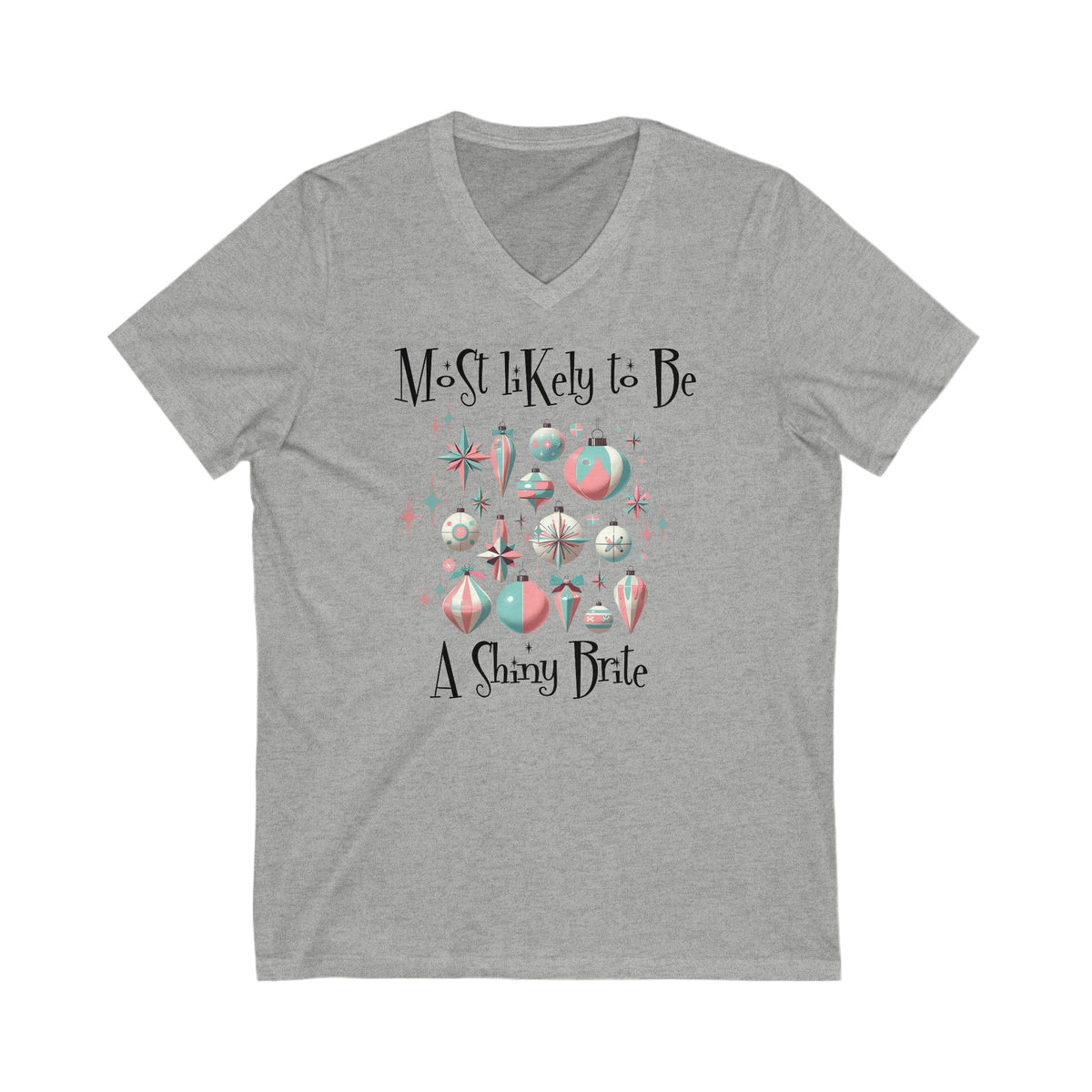 Mid Century Modern Christmas T-Shirt, Most Likely To Be A Starbright Ornaments, Unisex Jersey Short Sleeve V-Neck Tee V-neck S / Athletic Heather