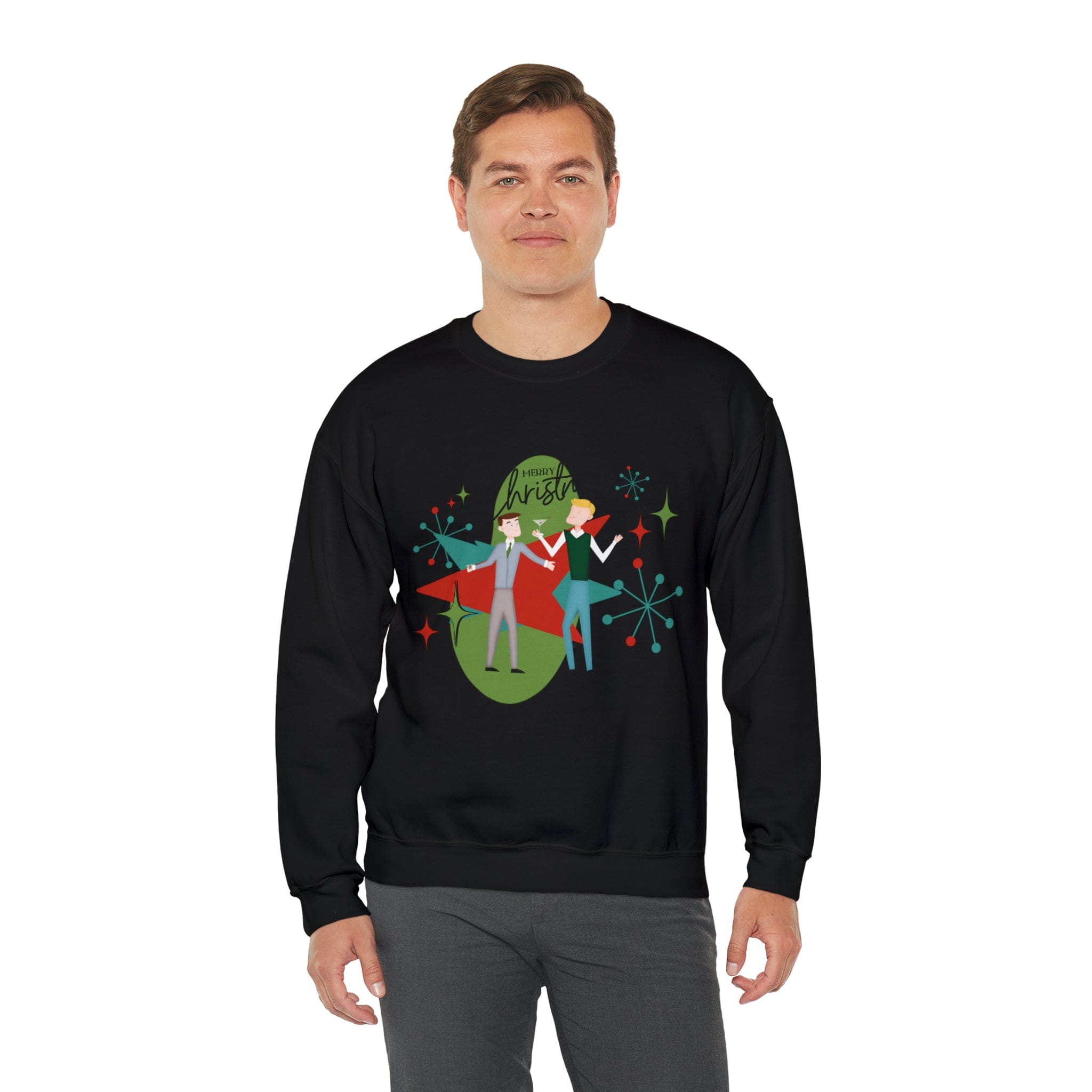 Mid Century Modern Men Couples Sweatshirt, Gay Couple, Retro Holidaay Heavy Blend™ Crewneck Sweatshirt Sweatshirt S / Black
