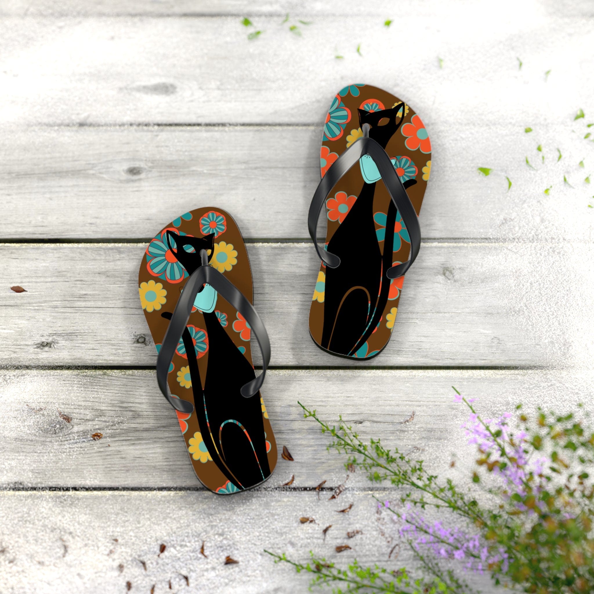 Flower Power Brown, Atomic Groovy, Retro Flip Flops Shoes S / Black sole