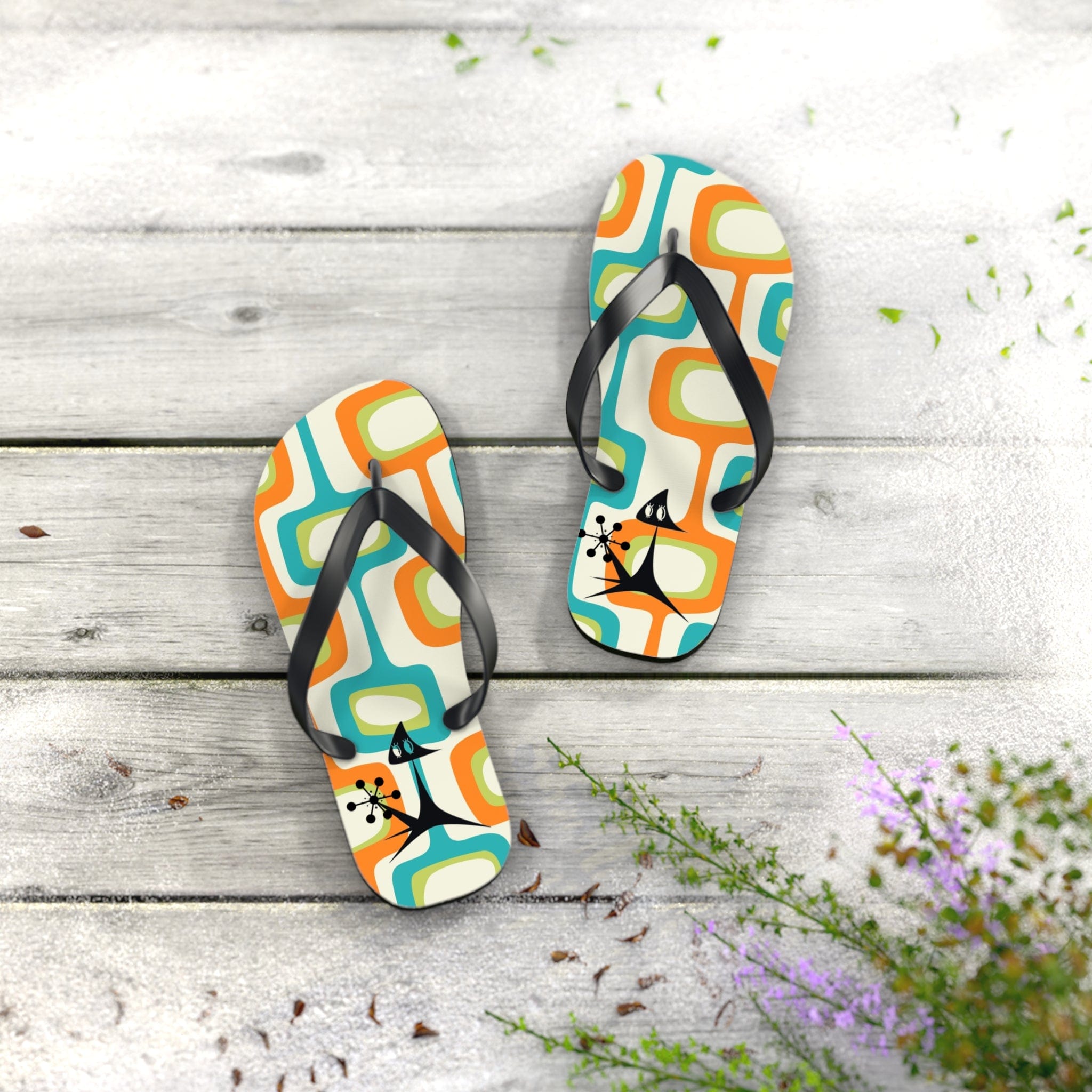 Mid Mod, Summer Retro Geometric, Atomic Kittie, Fun Funky Flip Flops Shoes S / Black sole