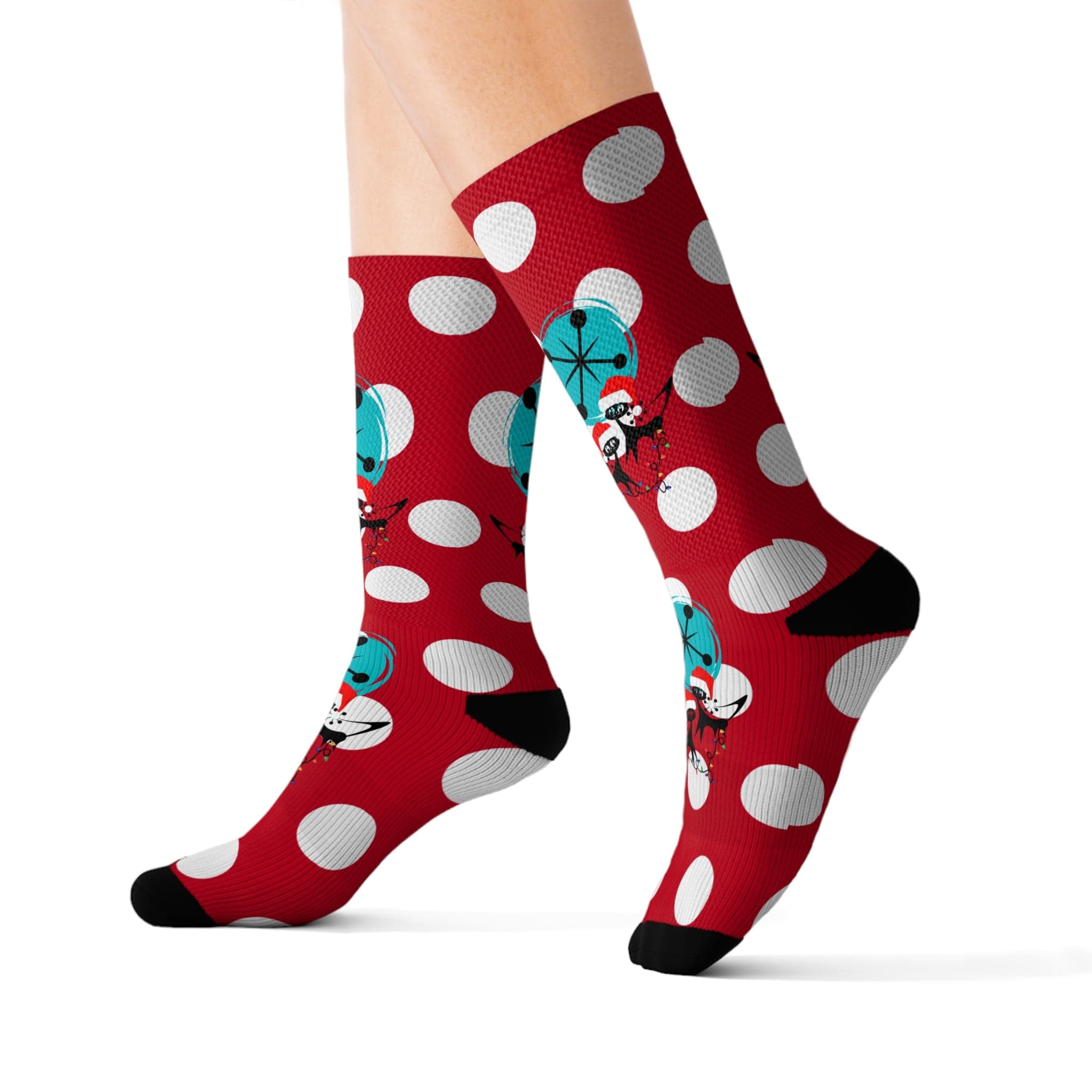 Christmas Socks, Red White, Polka Dot and Kitschy Crazy Atomic Cats Socks All Over Prints S