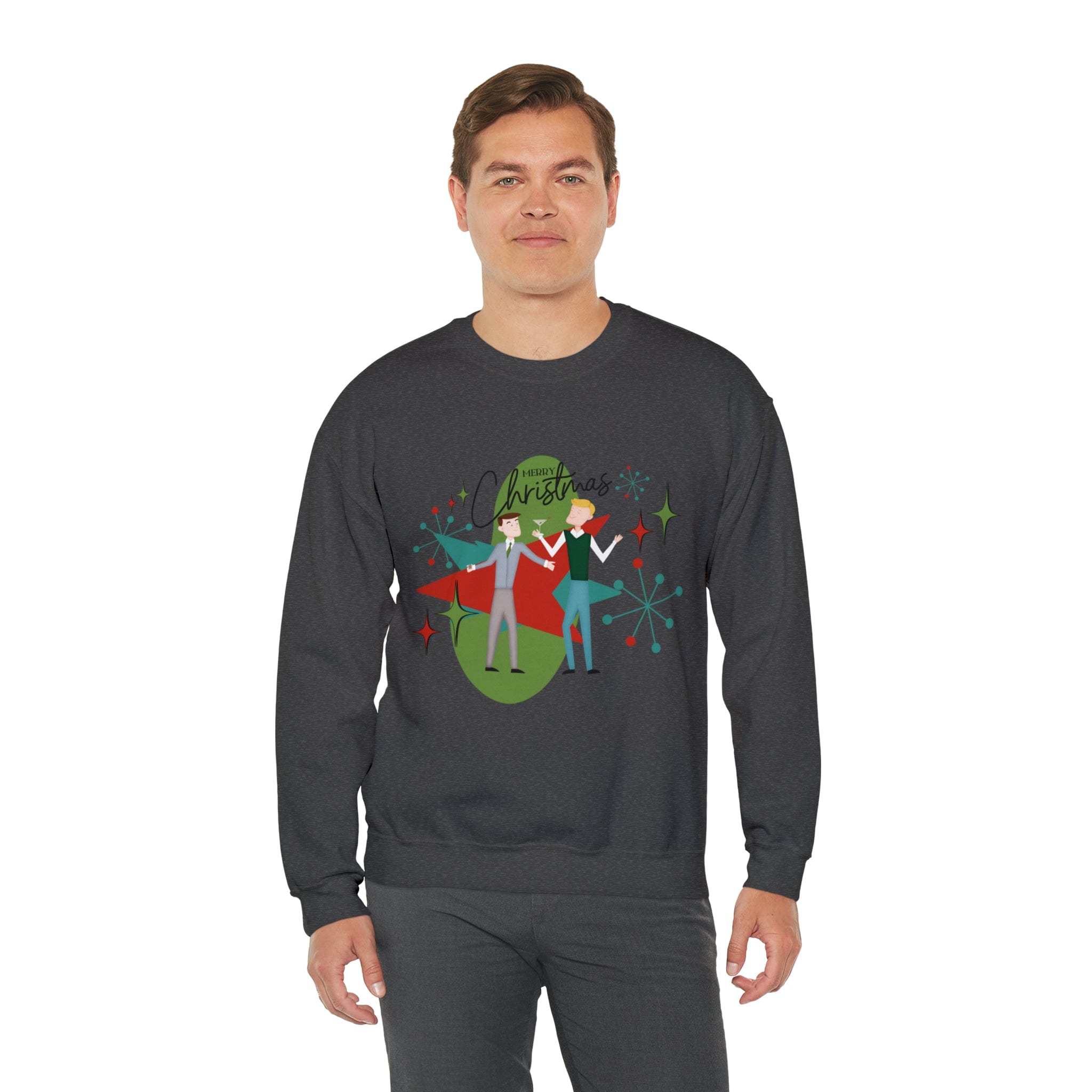 Mid Century Modern Men Couples Sweatshirt, Gay Couple, Retro Holidaay Heavy Blend™ Crewneck Sweatshirt Sweatshirt S / Dark Heather