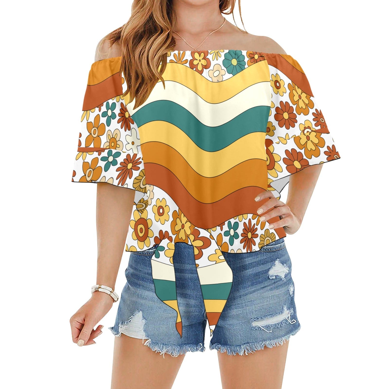 Retro Apparel, Tie At the Waist Flowy Groovy, Mod Blouses S / Flower Power Hippie Off Shoulder Knot Front Blouse Top (Model T71)