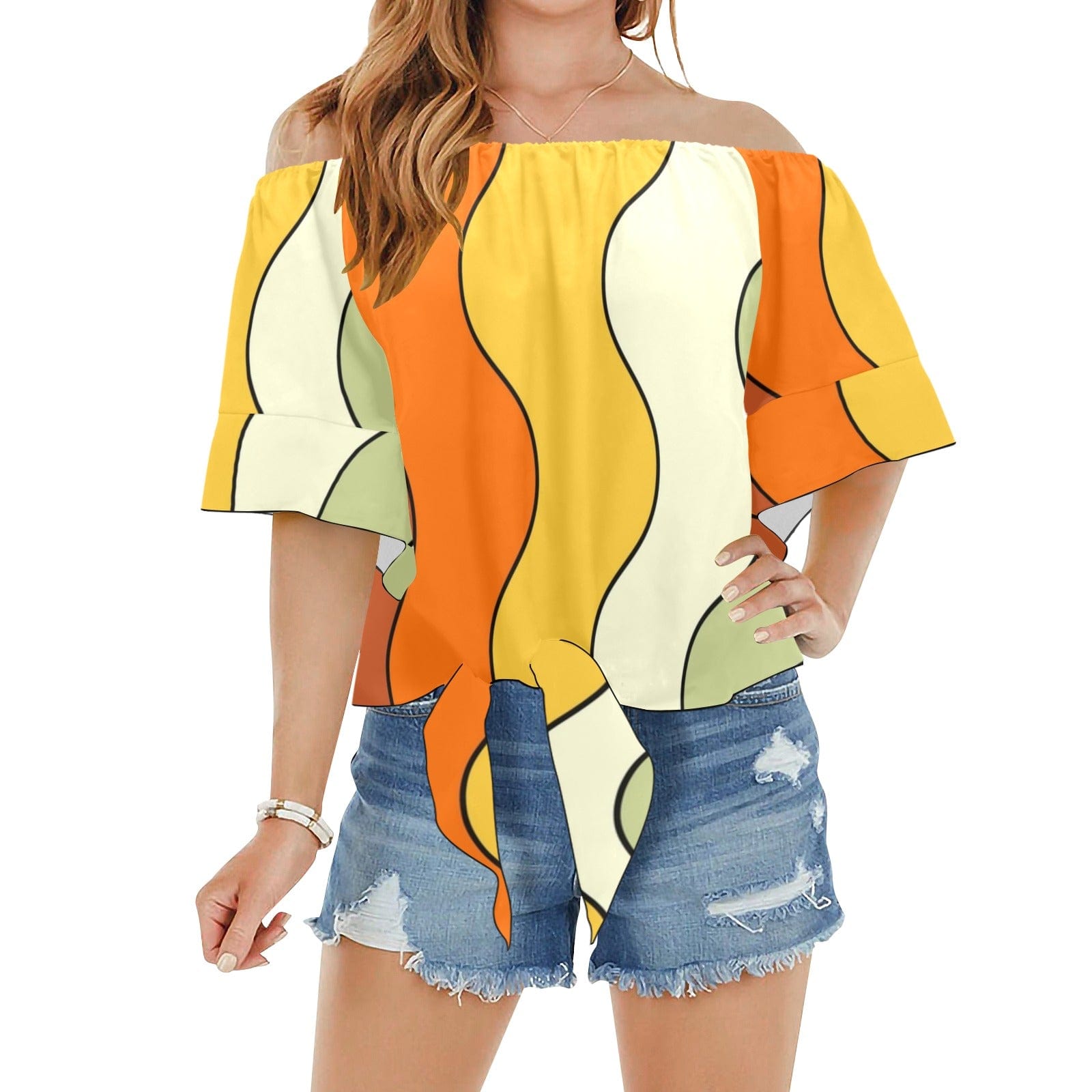 Retro Apparel, Tie At the Waist Flowy Groovy, Mod Blouses S / Groovy Waves Off Shoulder Knot Front Blouse Top (Model T71)