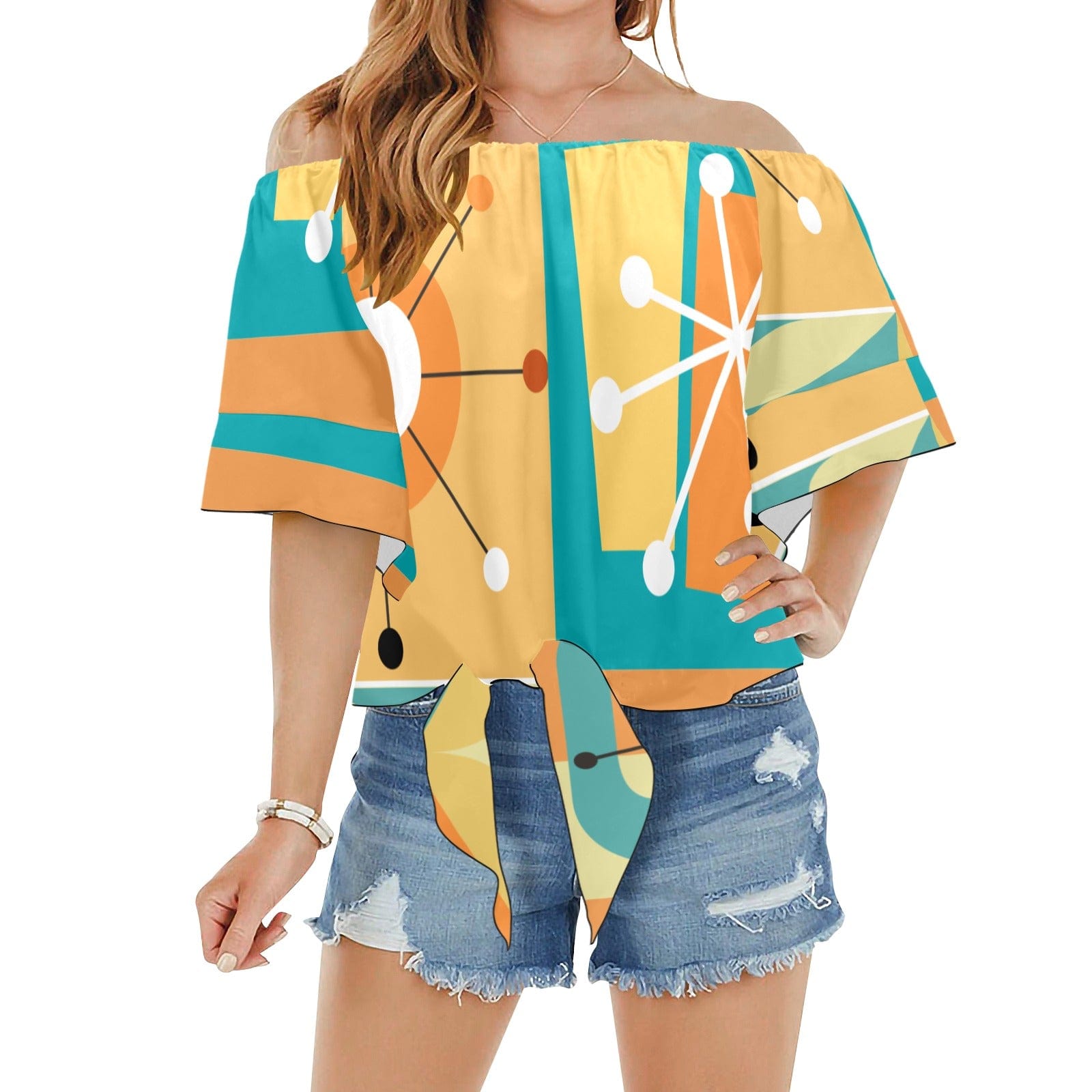 Retro Apparel, Tie At the Waist Flowy Groovy, Mod Blouses S / Mid Mod Vibes Off Shoulder Knot Front Blouse Top (Model T71)