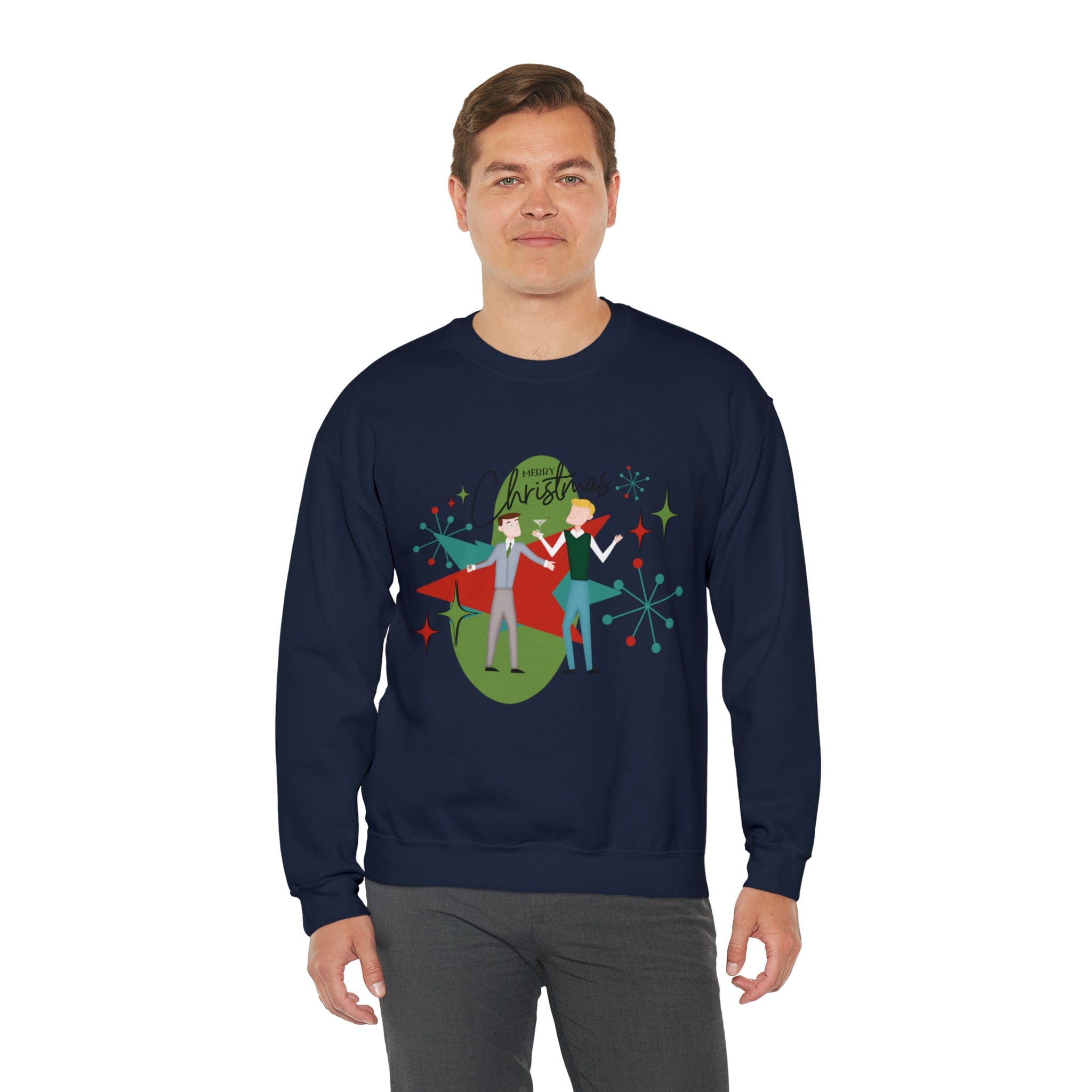Mid Century Modern Men Couples Sweatshirt, Gay Couple, Retro Holidaay Heavy Blend™ Crewneck Sweatshirt Sweatshirt S / Navy