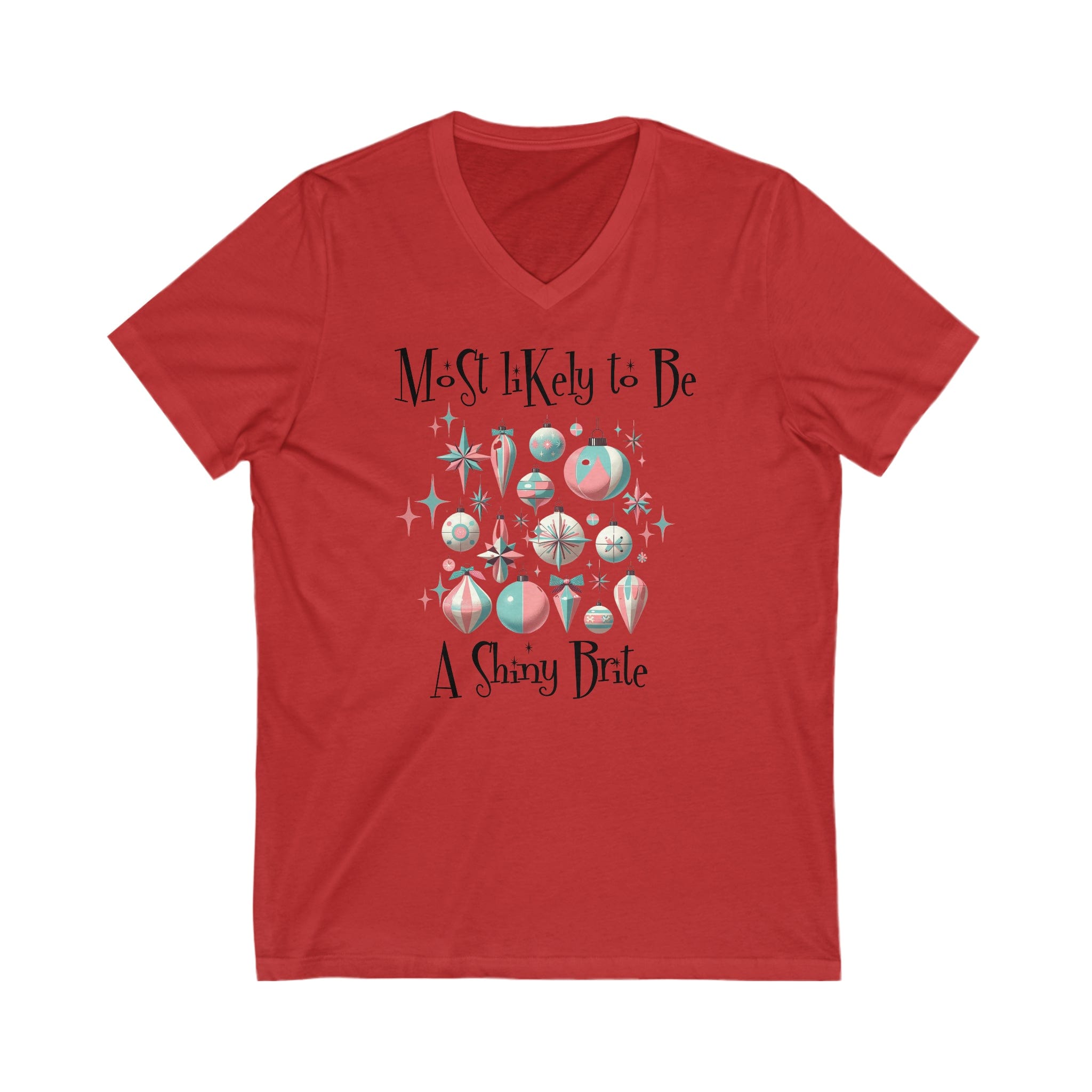 Mid Century Modern Christmas T-Shirt, Most Likely To Be A Starbright Ornaments, Unisex Jersey Short Sleeve V-Neck Tee V-neck S / Red