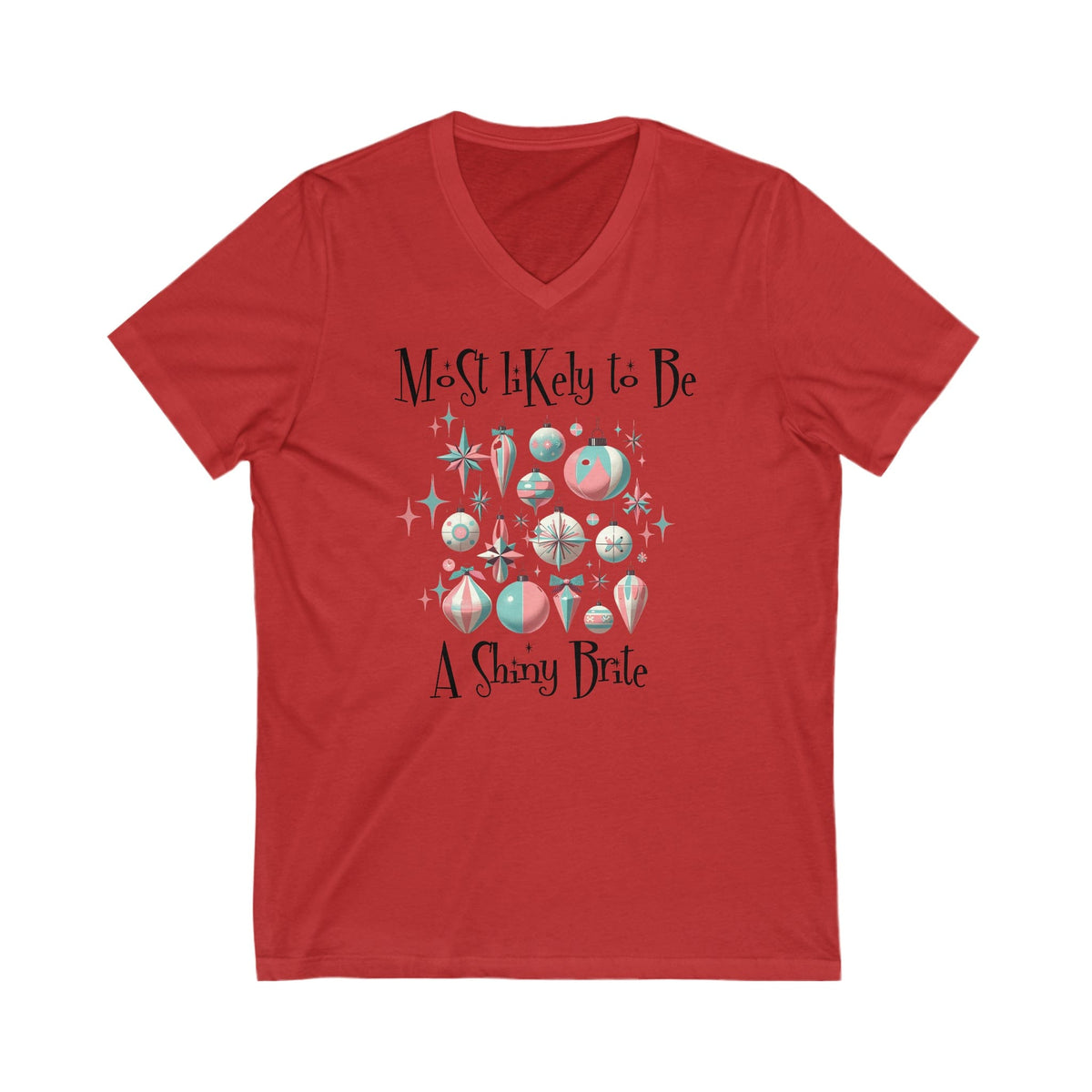 Mid Century Modern Christmas T-Shirt, Most Likely To Be A Starbright Ornaments, Unisex Jersey Short Sleeve V-Neck Tee V-neck S / Red