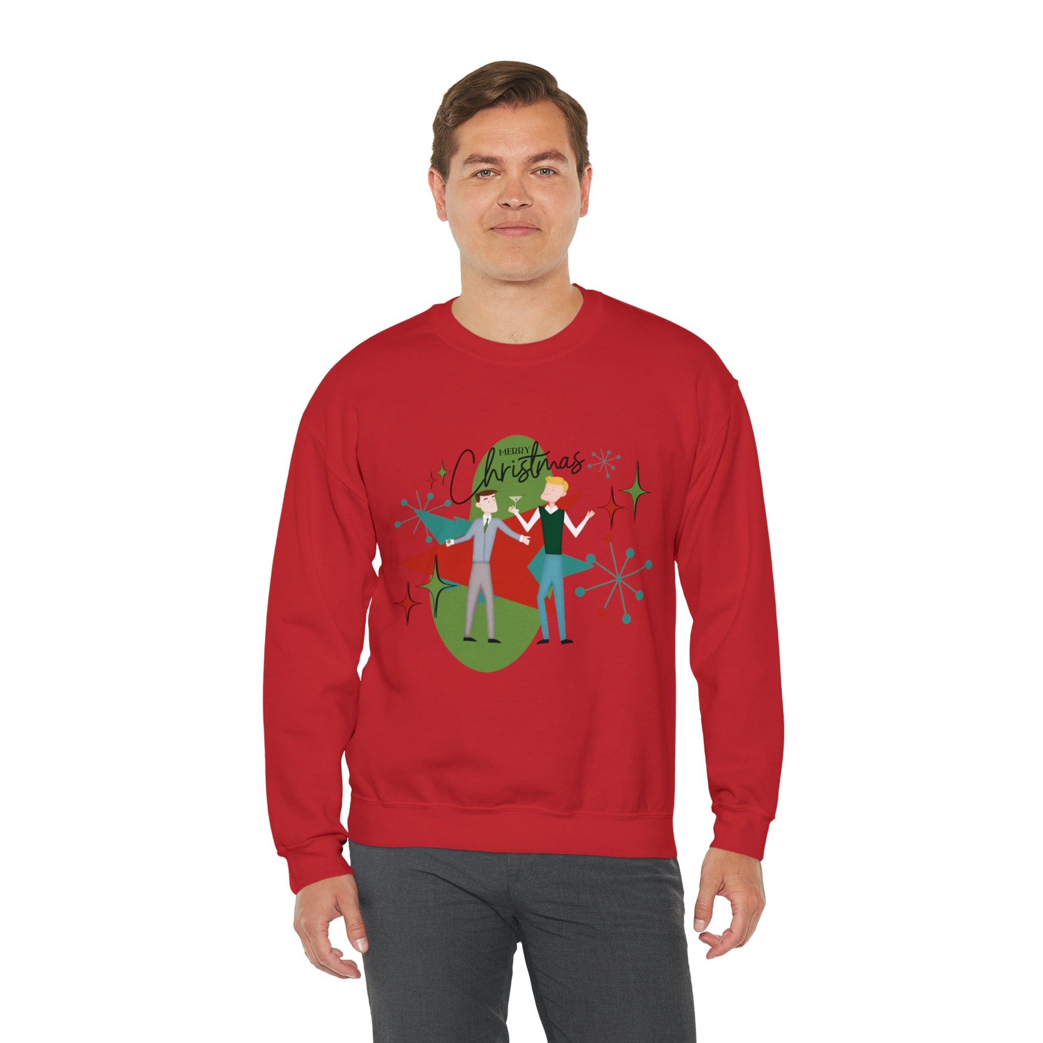 Mid Century Modern Men Couples Sweatshirt, Gay Couple, Retro Holidaay Heavy Blend™ Crewneck Sweatshirt Sweatshirt S / Red