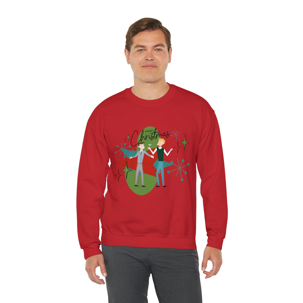 Mid Century Modern Men Couples Sweatshirt, Gay Couple, Retro Holidaay Heavy Blend™ Crewneck Sweatshirt Sweatshirt S / Red