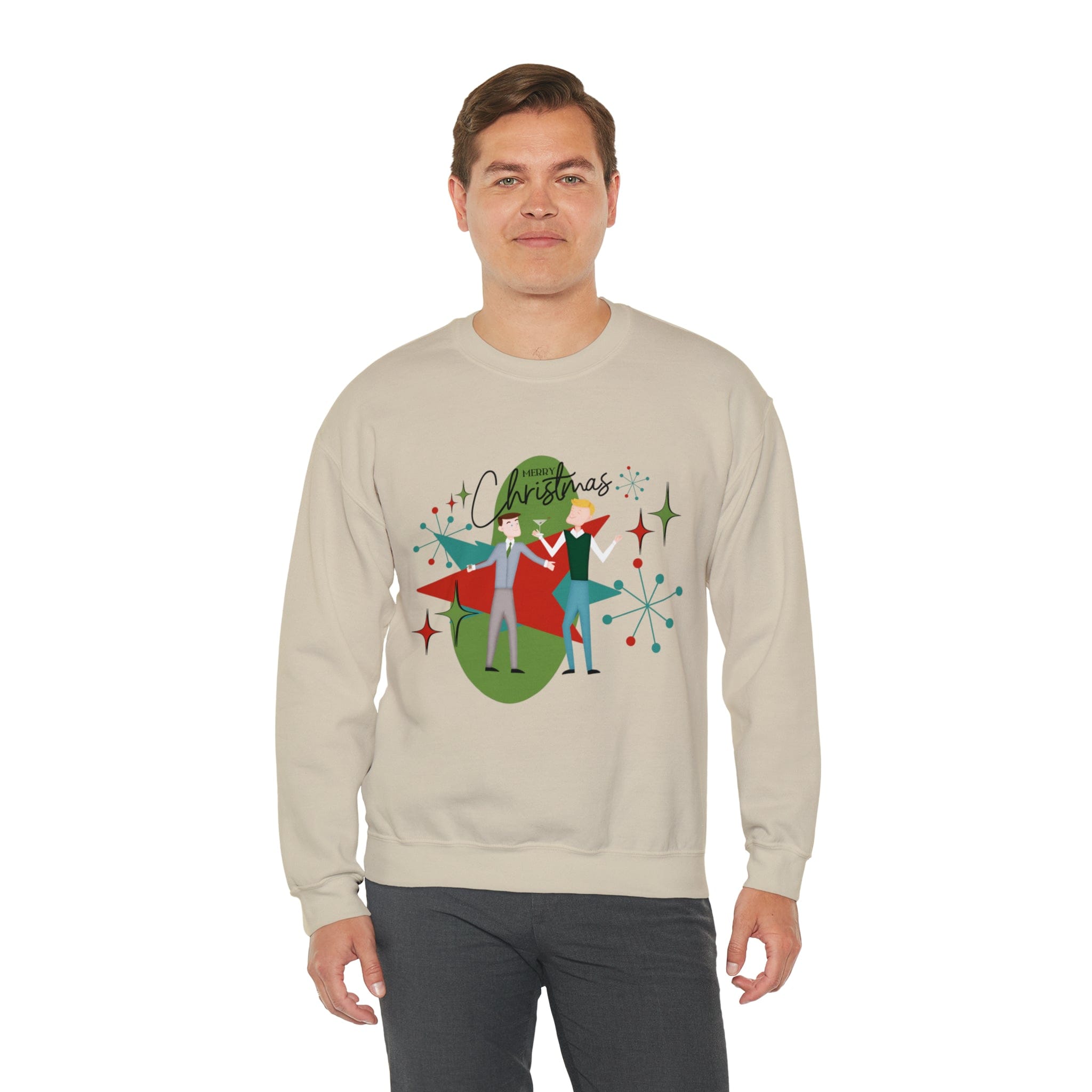 Mid Century Modern Men Couples Sweatshirt, Gay Couple, Retro Holidaay Heavy Blend™ Crewneck Sweatshirt Sweatshirt S / Sand
