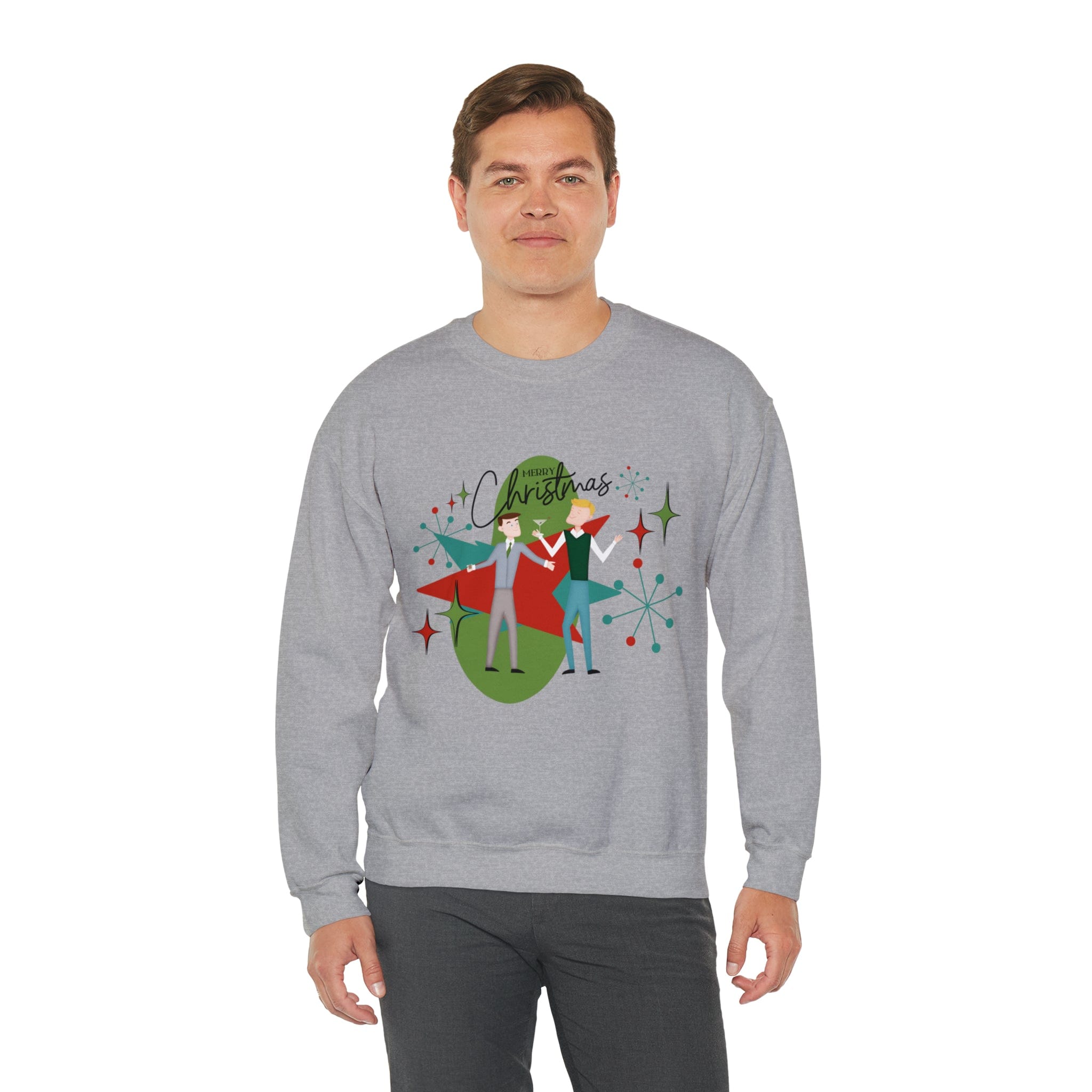 Mid Century Modern Men Couples Sweatshirt, Gay Couple, Retro Holidaay Heavy Blend™ Crewneck Sweatshirt Sweatshirt S / Sport Grey
