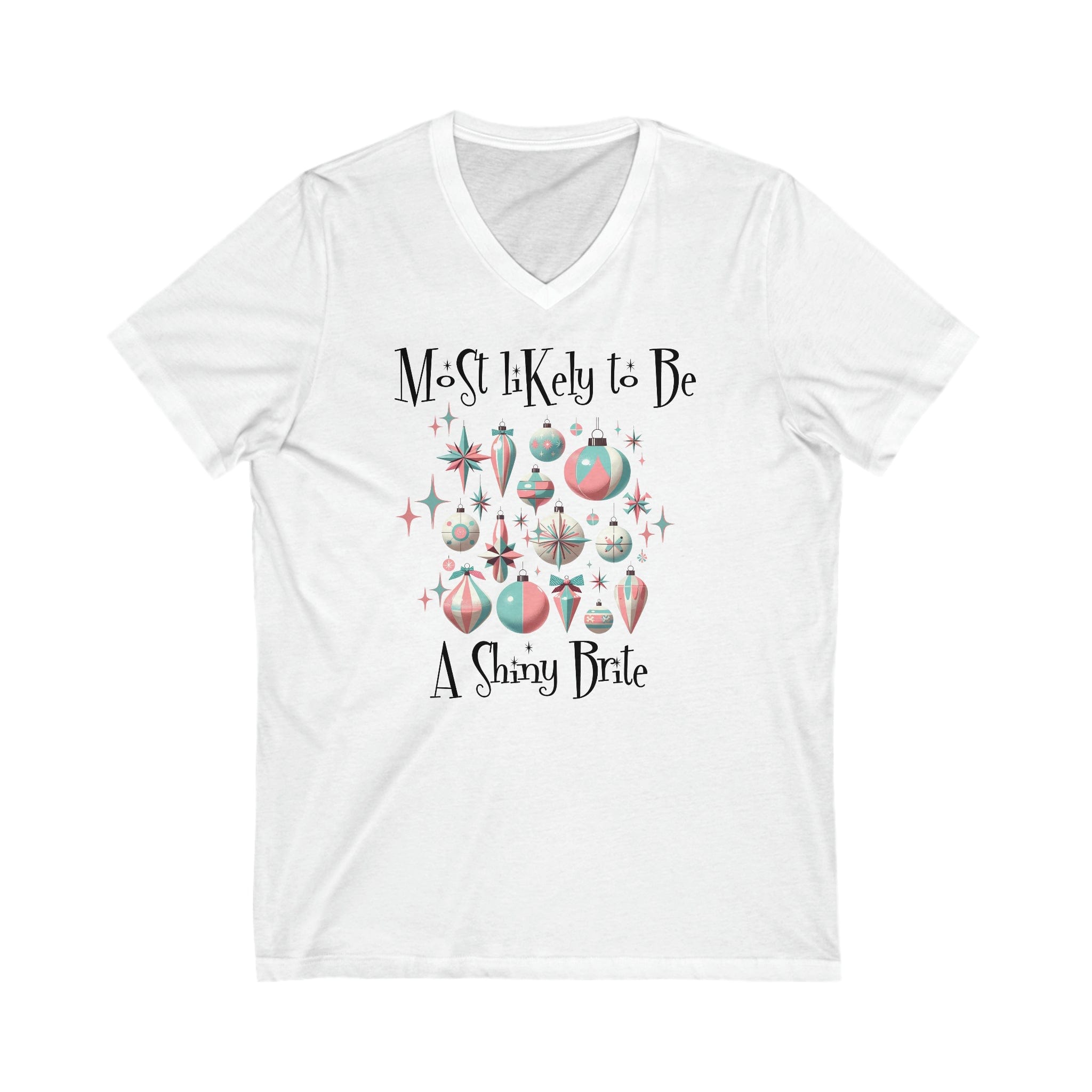 Mid Century Modern Christmas T-Shirt, Most Likely To Be A Starbright Ornaments, Unisex Jersey Short Sleeve V-Neck Tee V-neck S / White
