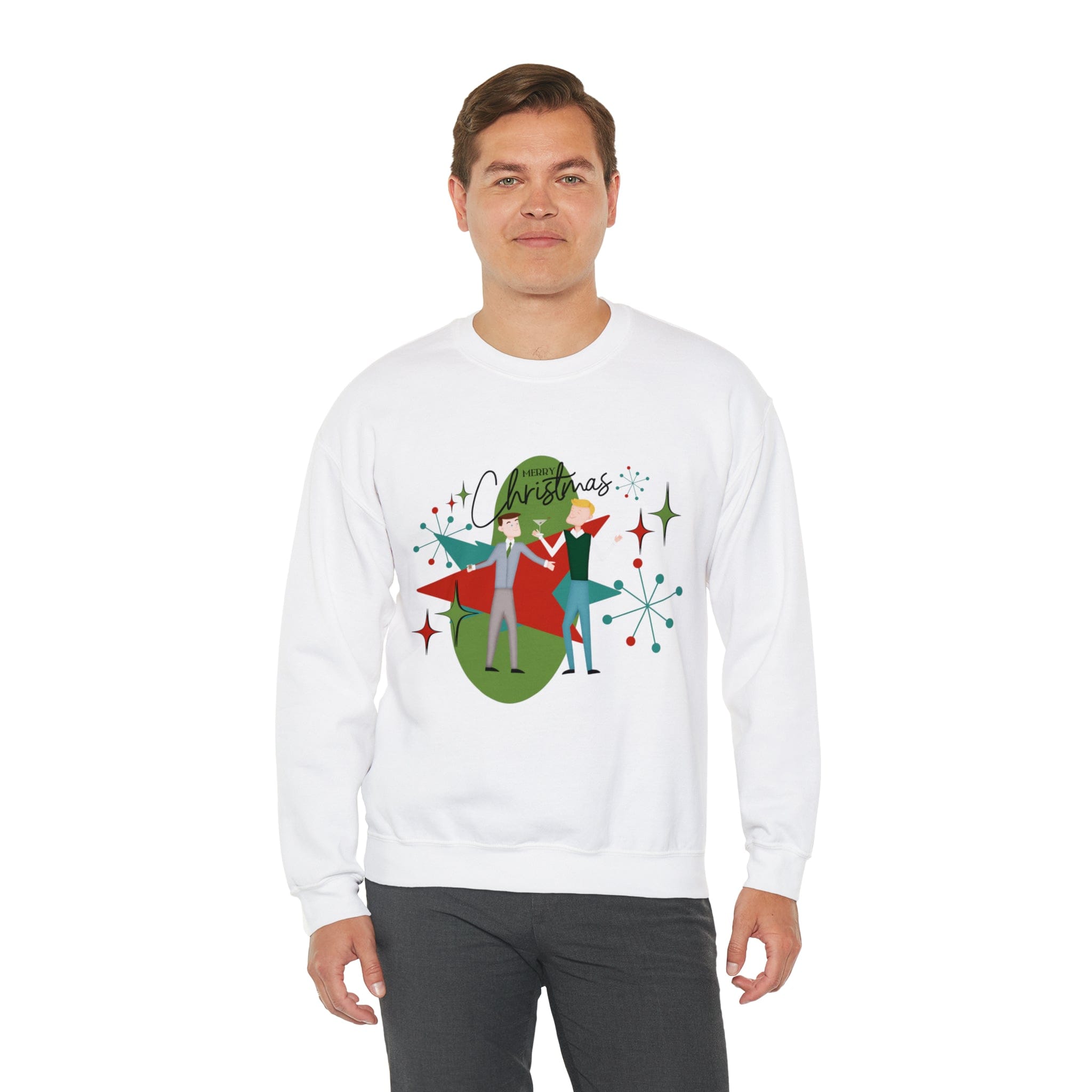 Mid Century Modern Men Couples Sweatshirt, Gay Couple, Retro Holidaay Heavy Blend™ Crewneck Sweatshirt Sweatshirt S / White