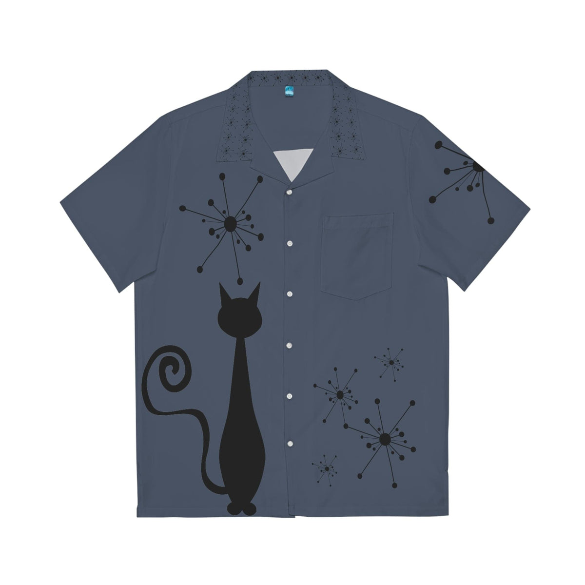 Real Cool Atomic Cat, With Real Cool Style, Retro Mid Mod, Midnight Blue Men's Hawaiian Shirt All Over Prints S / White