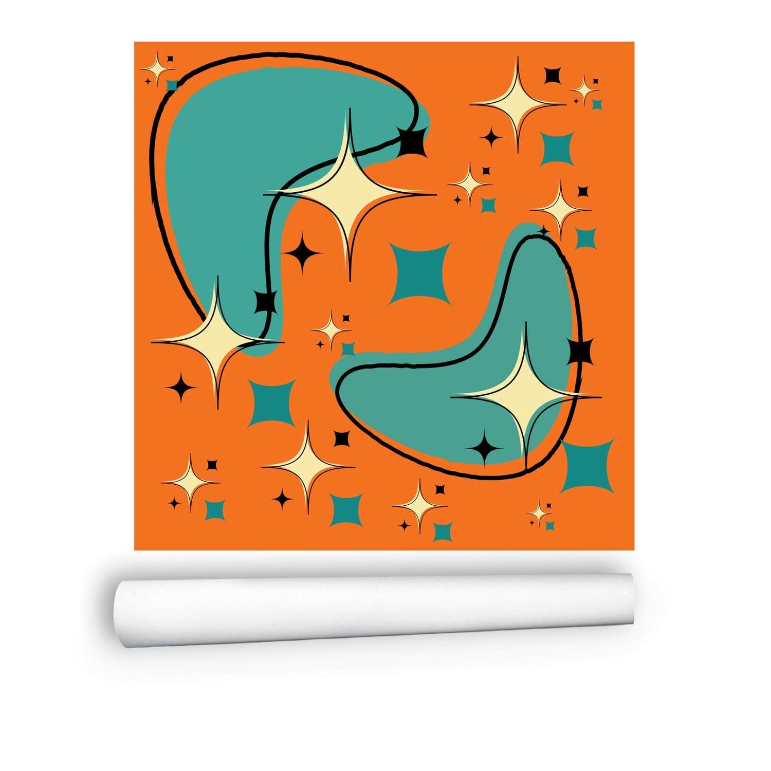 Mid Century Modern, Atomic Boomerang, Starburst, Teal, Orange Peel And Stick Wall Murals Wallpaper Sample H12 x W20