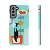 Atomic Cat, Mid Mod Aqua Blue, Geometric, Samsung, Google Pixel, Tough Cases Phone Case Samsung Galaxy S21 / Glossy Mid Century Modern Gal