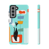 Atomic Cat, Mid Mod Aqua Blue, Geometric, Samsung, Google Pixel, Tough Cases Phone Case Samsung Galaxy S21 / Matte Mid Century Modern Gal