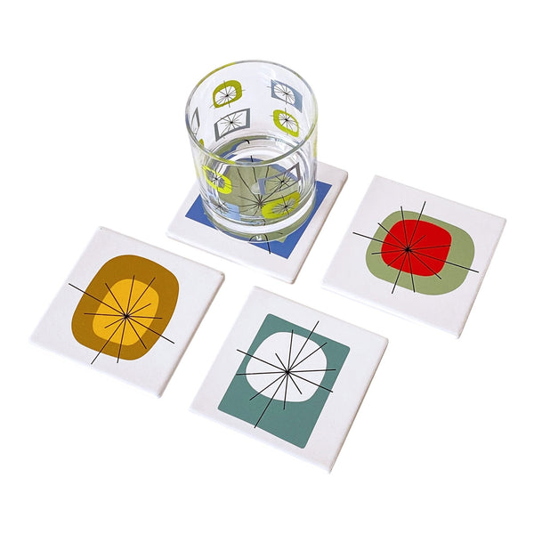 Mid Mod Starburst, Retro Barware Sandstone Coasters - Atomic Set of 4