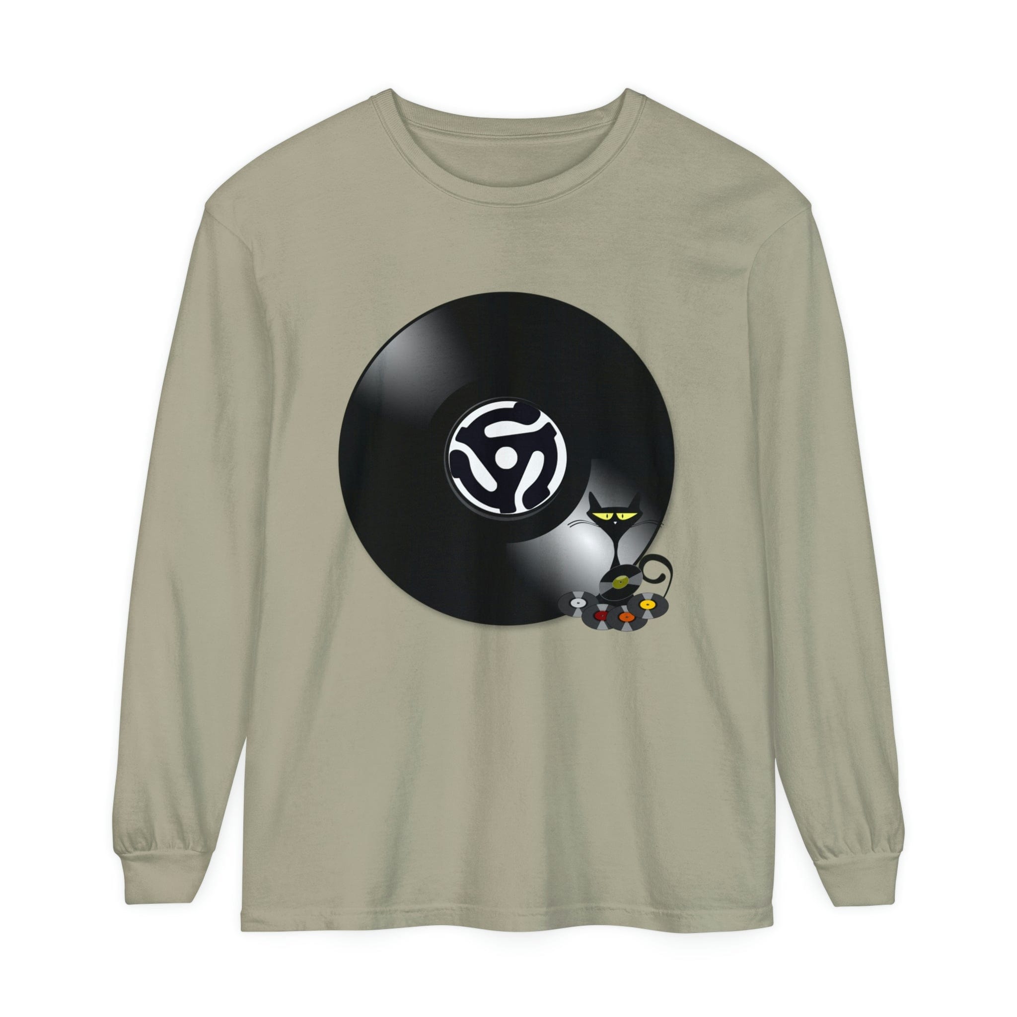 45 Rpm Vinyl Record, Cool Atomic Cat, Music Lover, DJ Spinning Unisex Long Sleeve T-Shirt Long-sleeve Sandstone / S