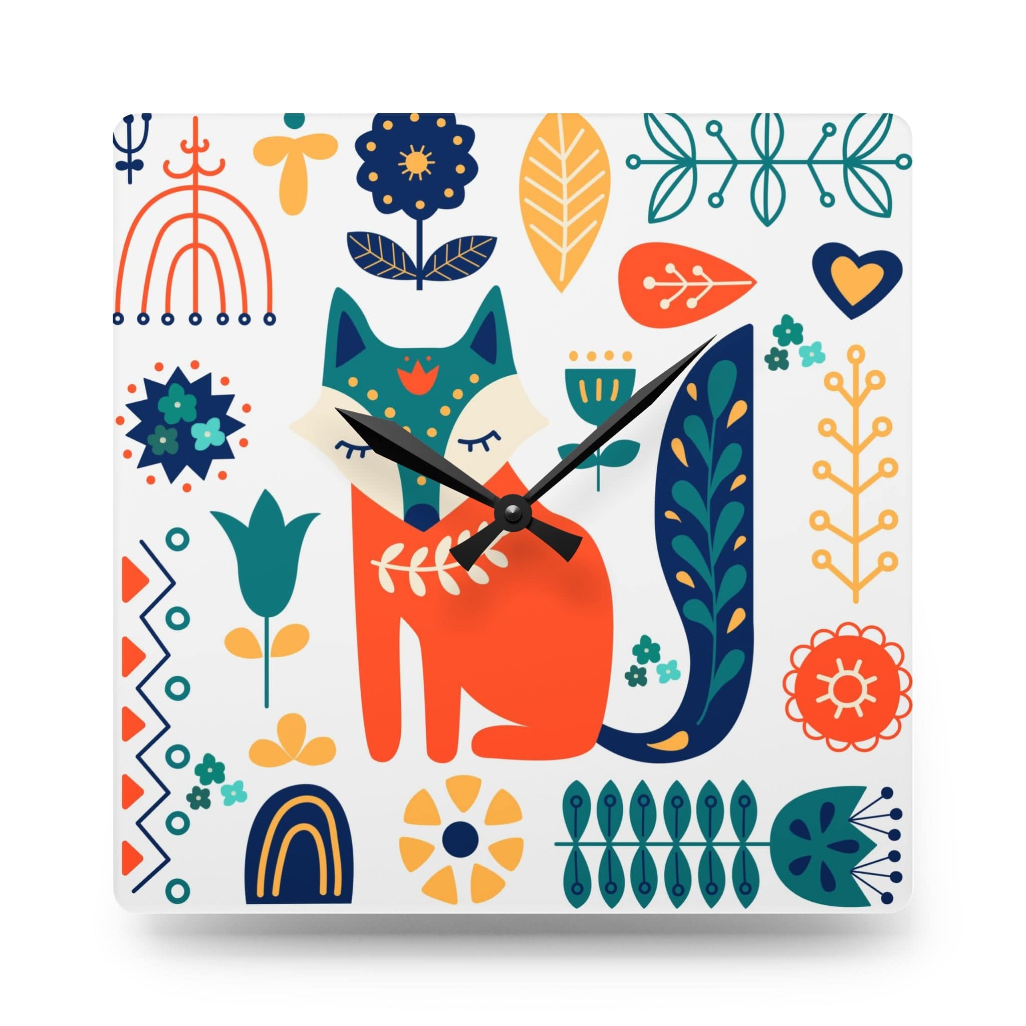 Scandinavian, Retro Modern Danish Fox Floral Acrylic Wall Clock Home Decor