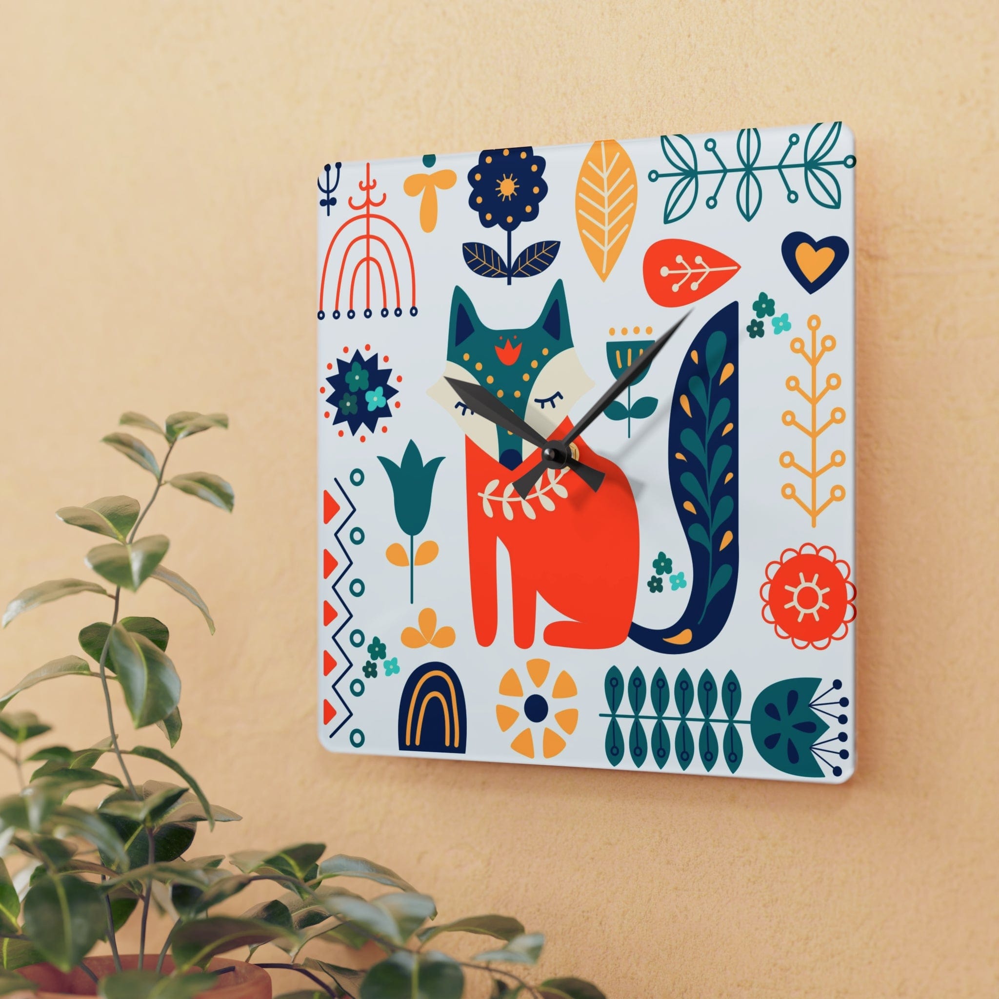 Scandinavian, Retro Modern Danish Fox Floral Acrylic Wall Clock Home Decor