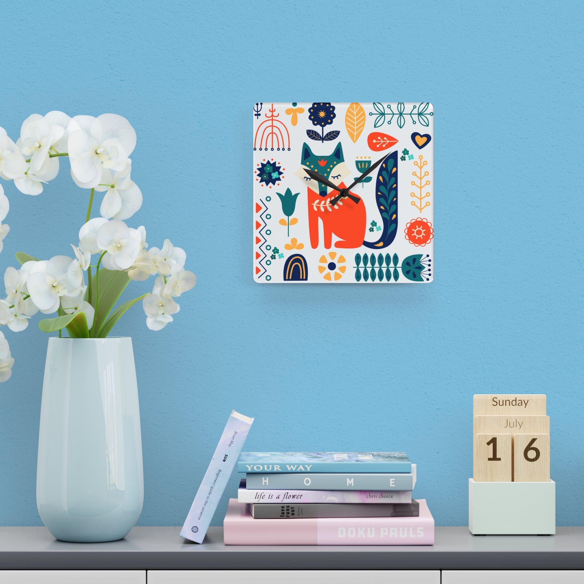 Scandinavian, Retro Modern Danish Fox Floral Acrylic Wall Clock Home Decor