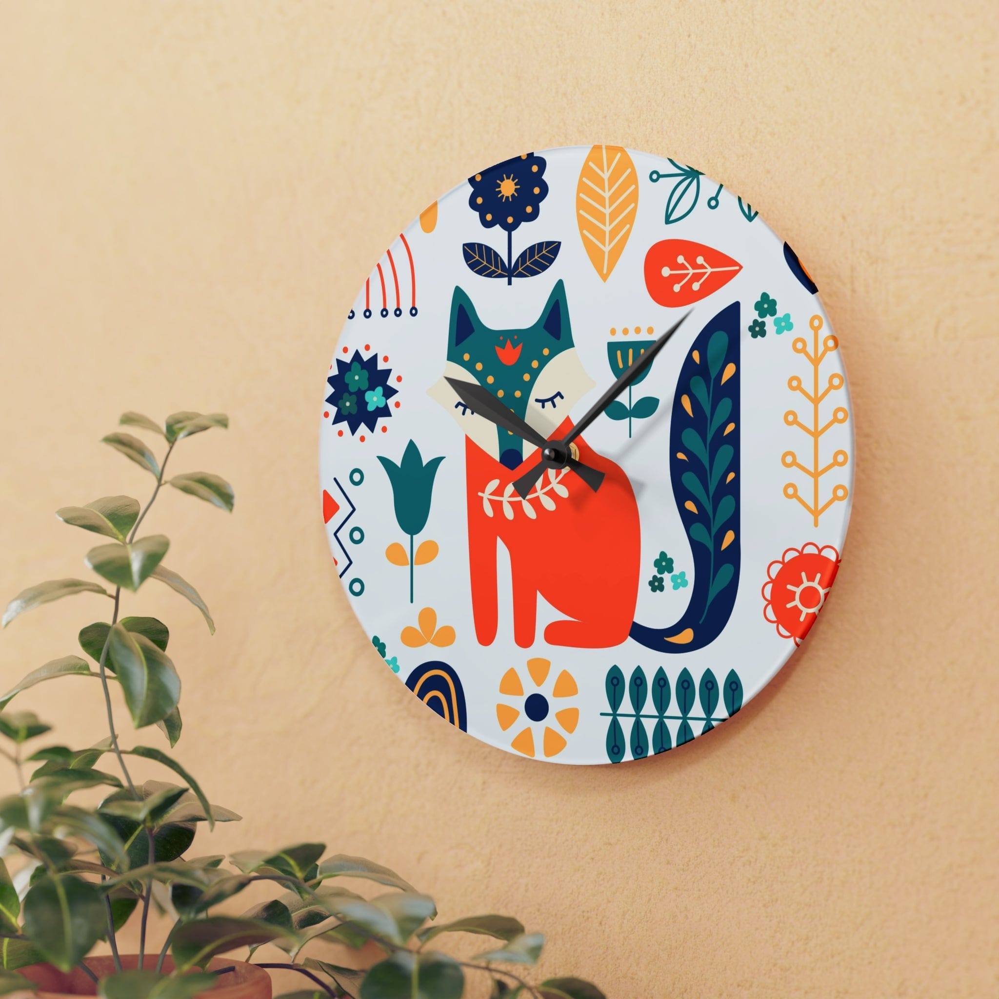 Scandinavian, Retro Modern Danish Fox Floral Acrylic Wall Clock Home Decor